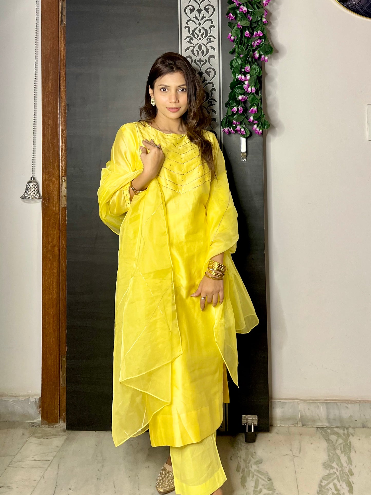 Yellow chanderi gota work set