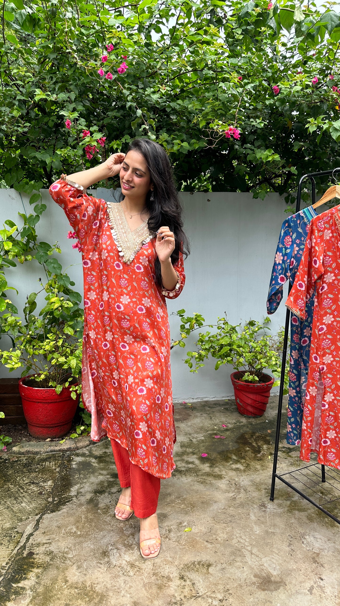 Orange floral kurta set