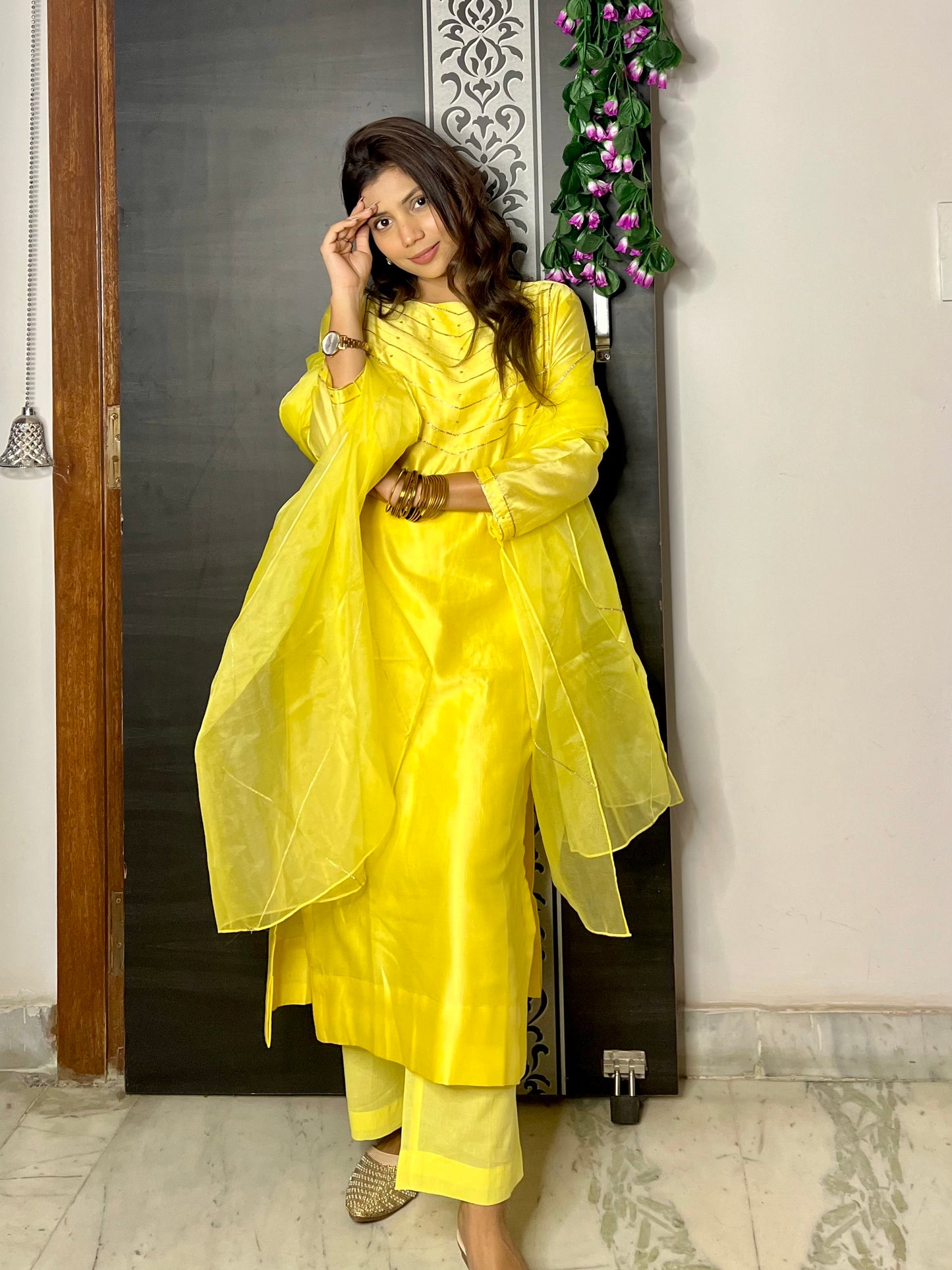 Yellow chanderi gota work set