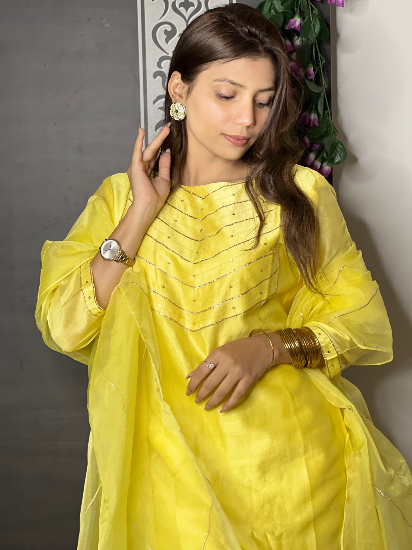 Yellow chanderi gota work set