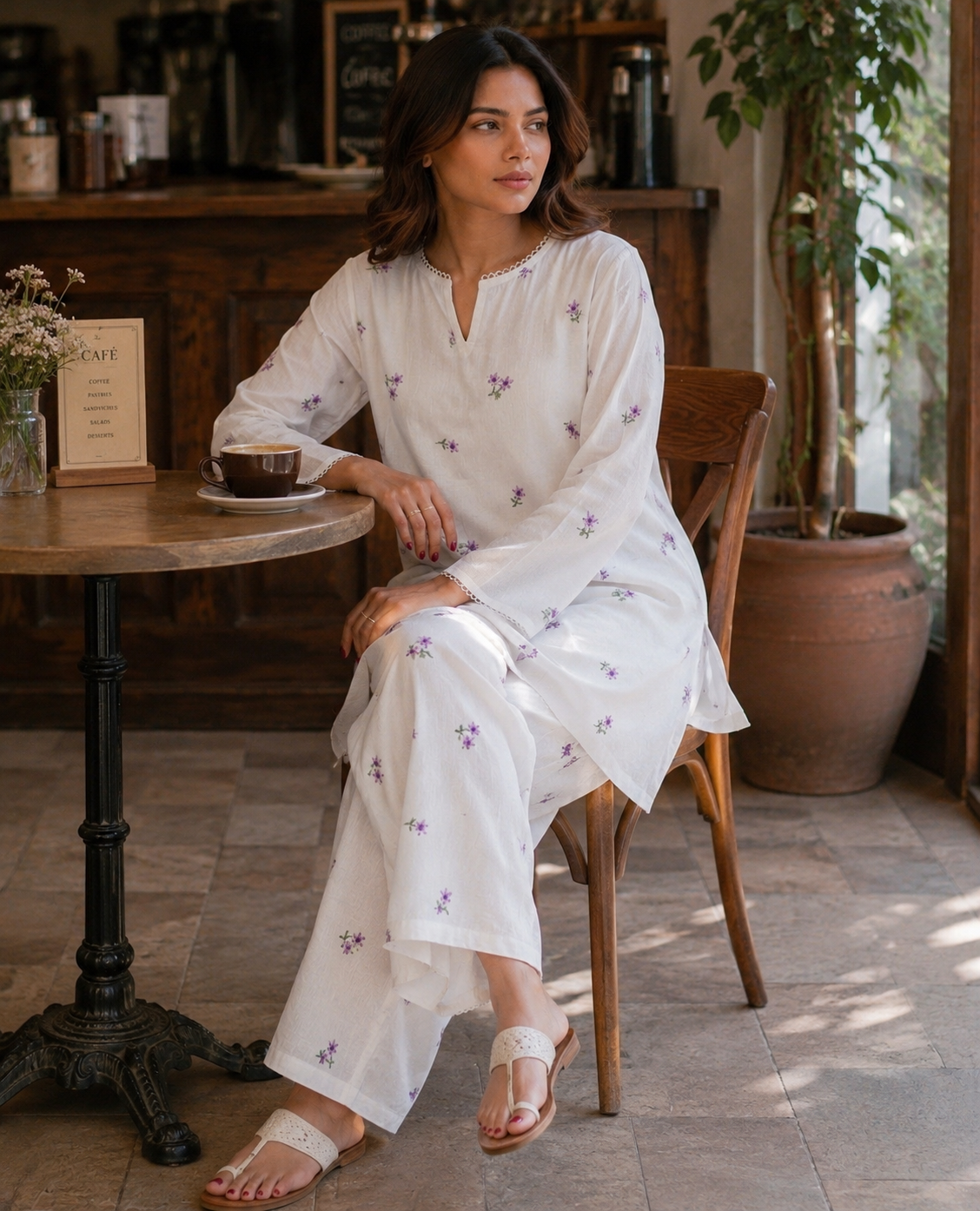 Lilac embroidered kora cotton Farshi set
