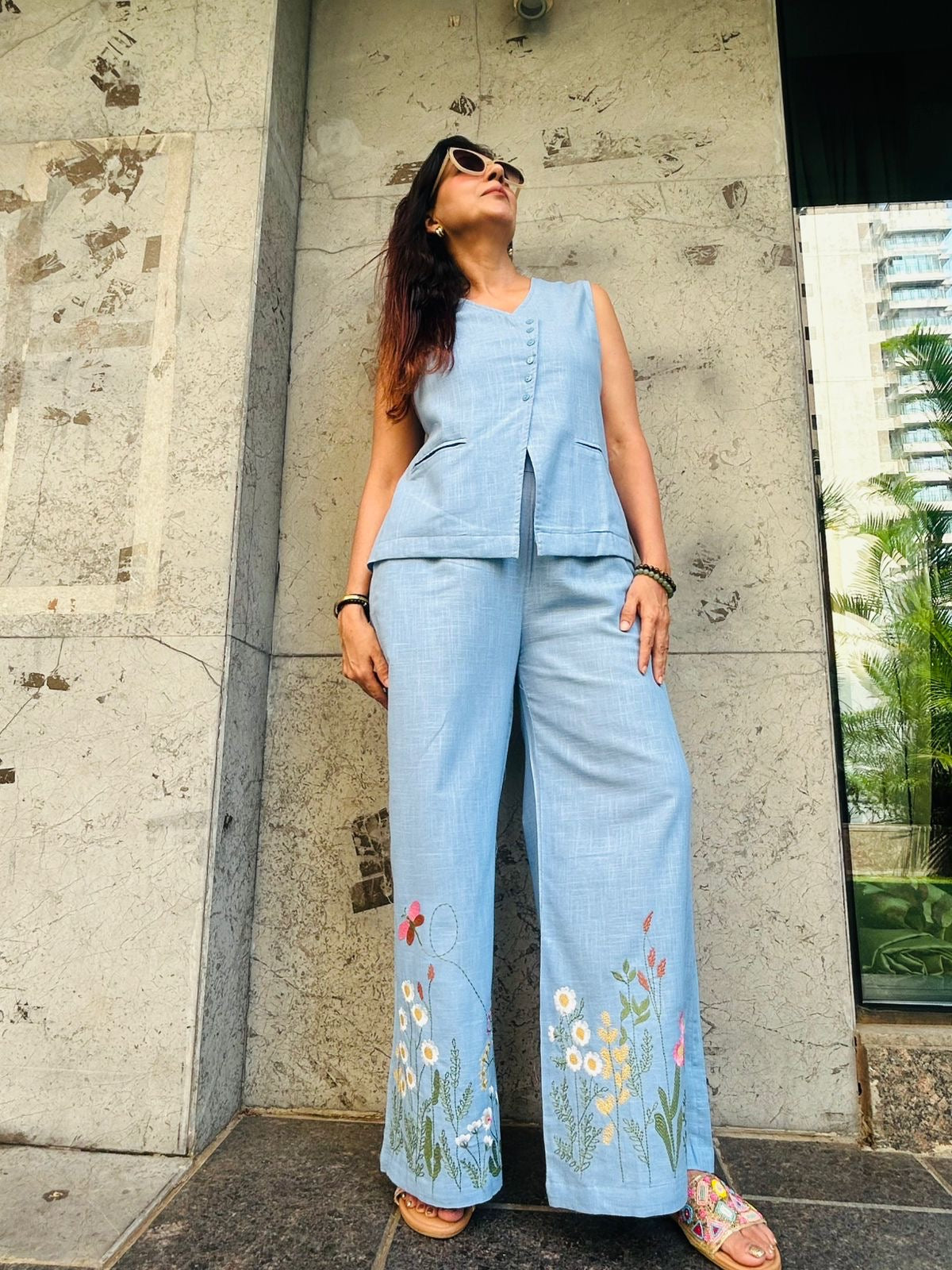 Blue embroidery pant set