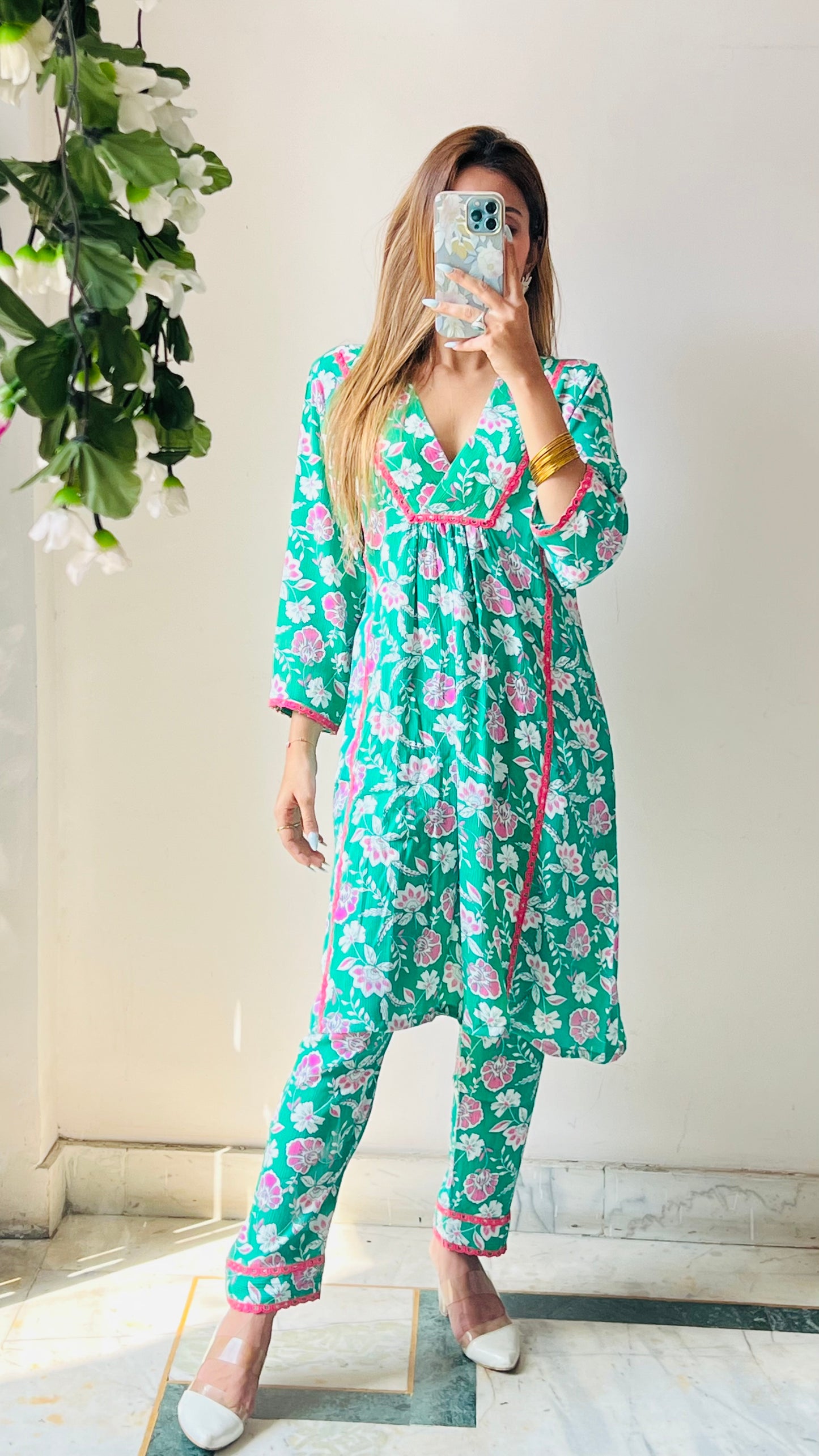 Green floral two piece set