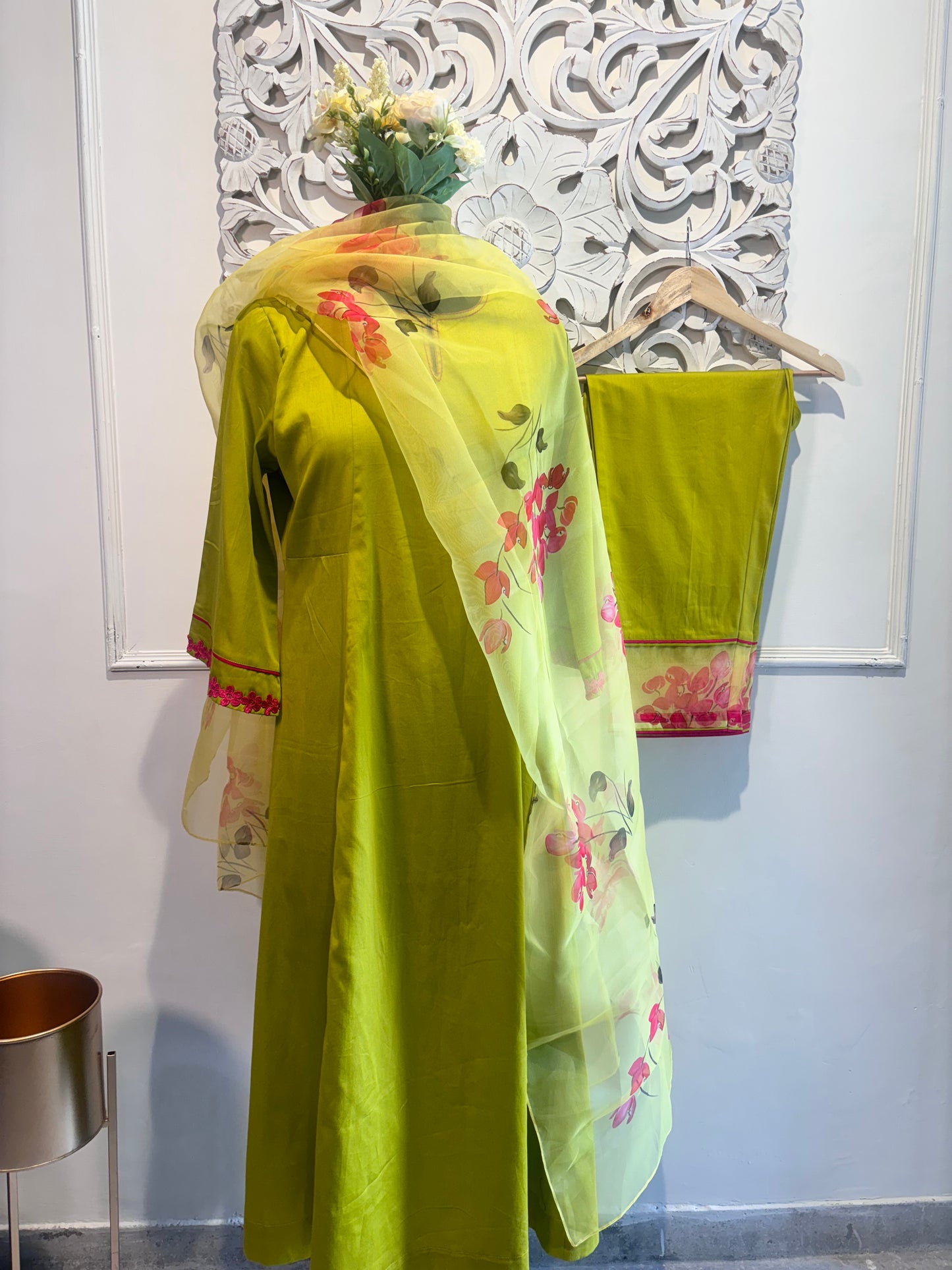 Pure Cotton Suit Set with Floral Organza Dupatta