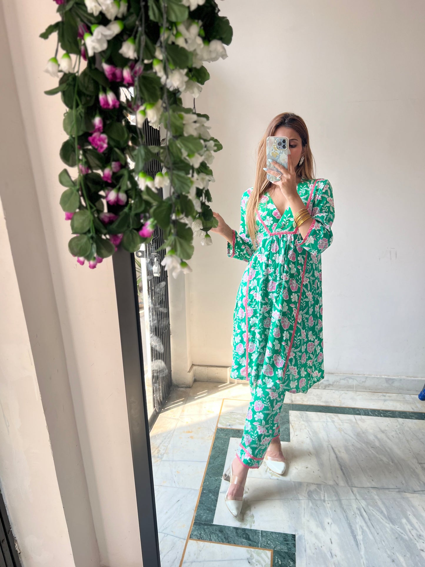 Green floral two piece set