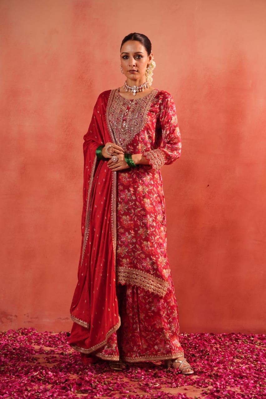 Carrot red floral festive suit
