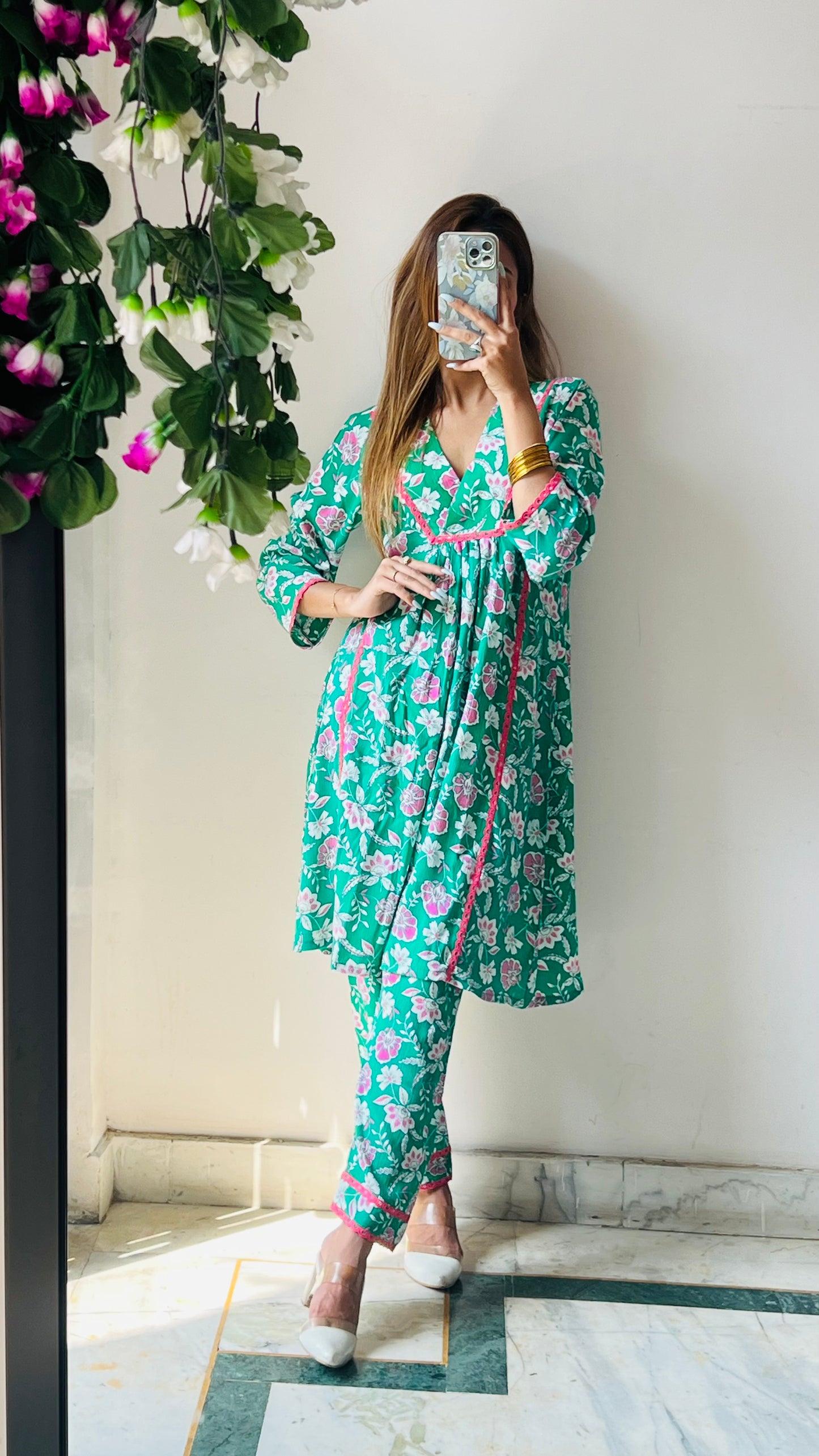 Green floral two piece set