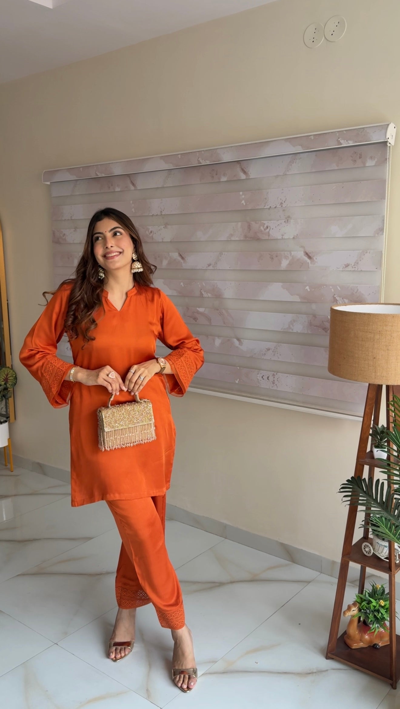 Rust Orange Coord Set with Organza & Lace Detailing