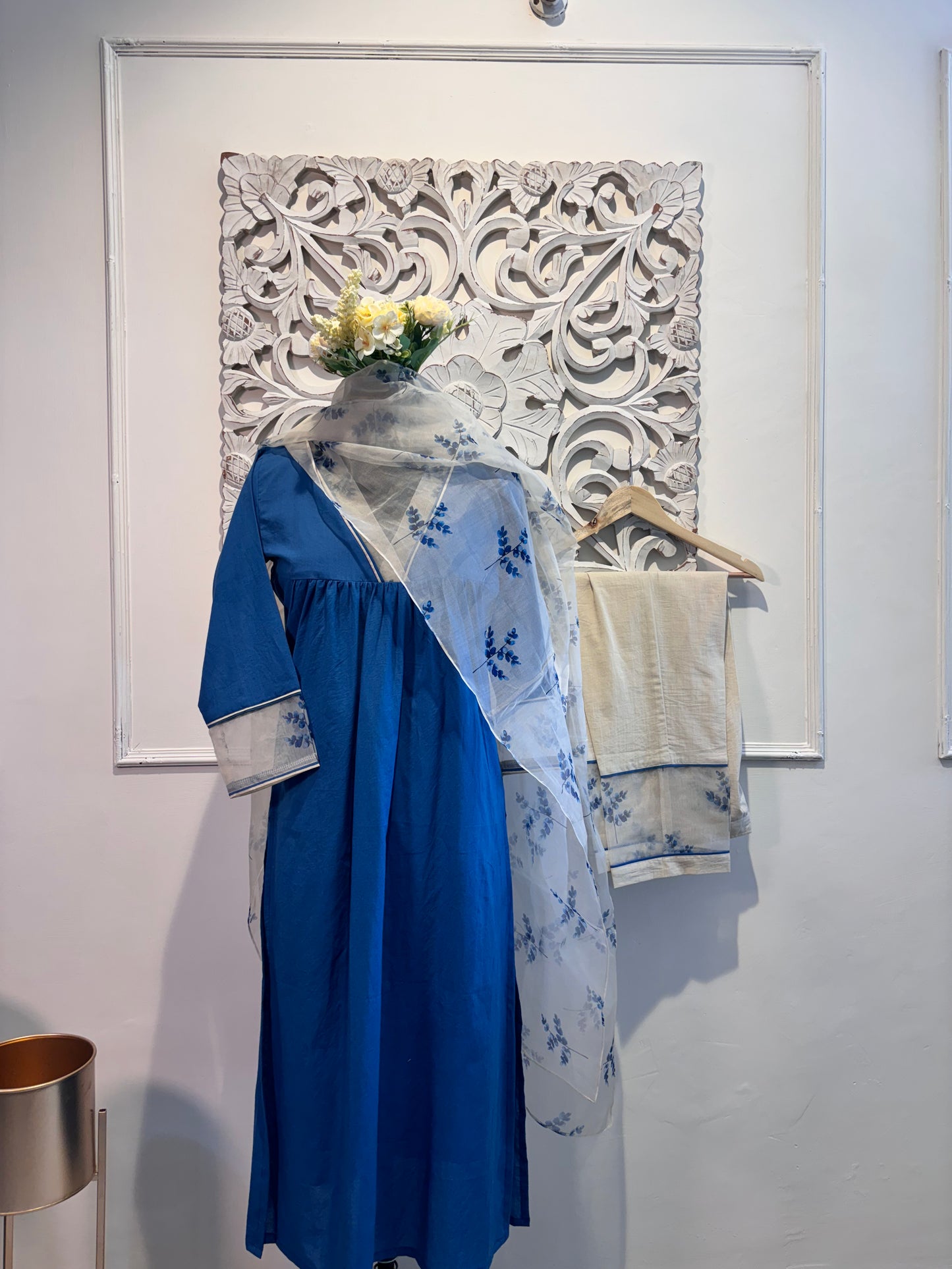 Solid blue pure cotton kurta set with Organza Dupatta