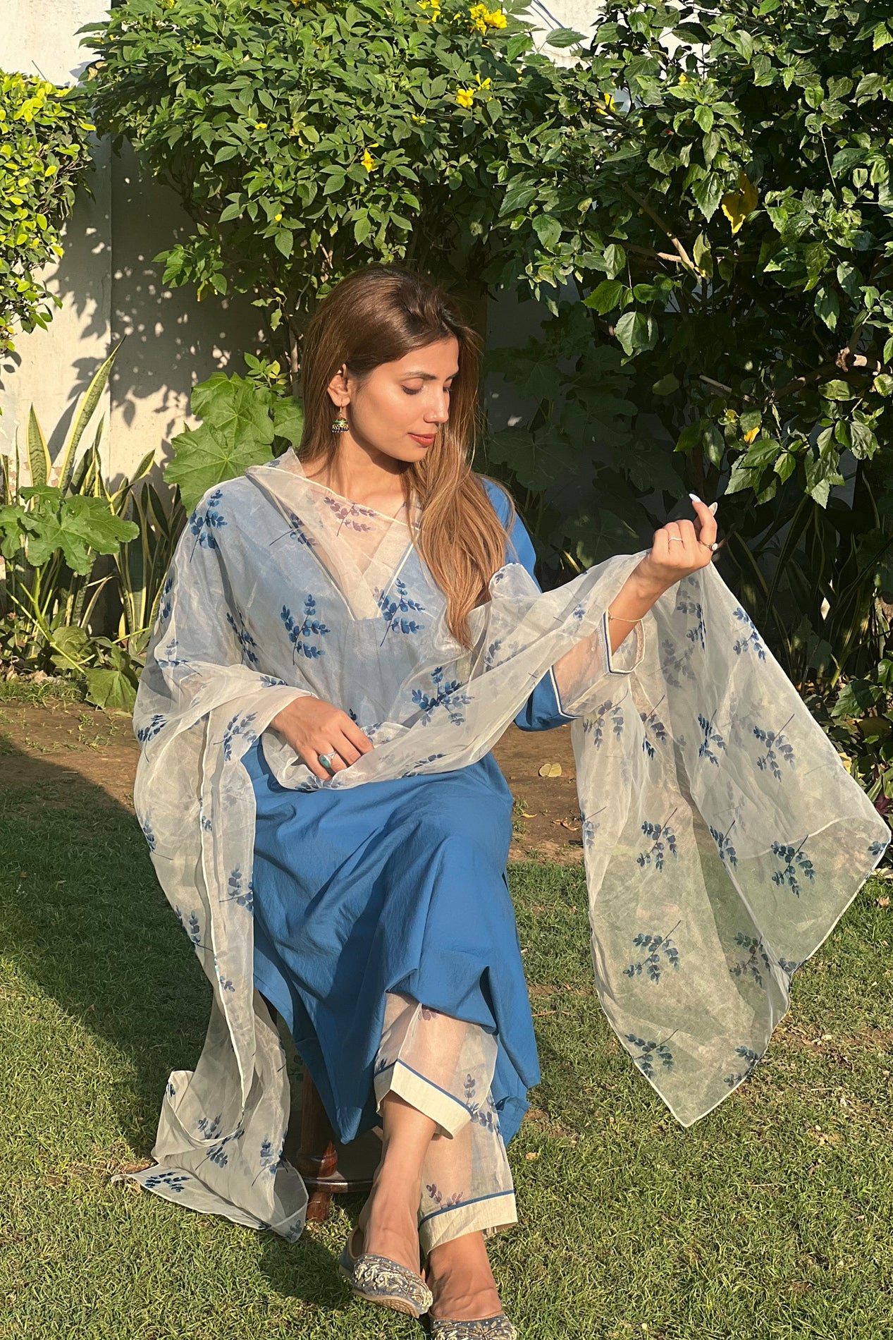 Solid blue pure cotton kurta set with Organza Dupatta