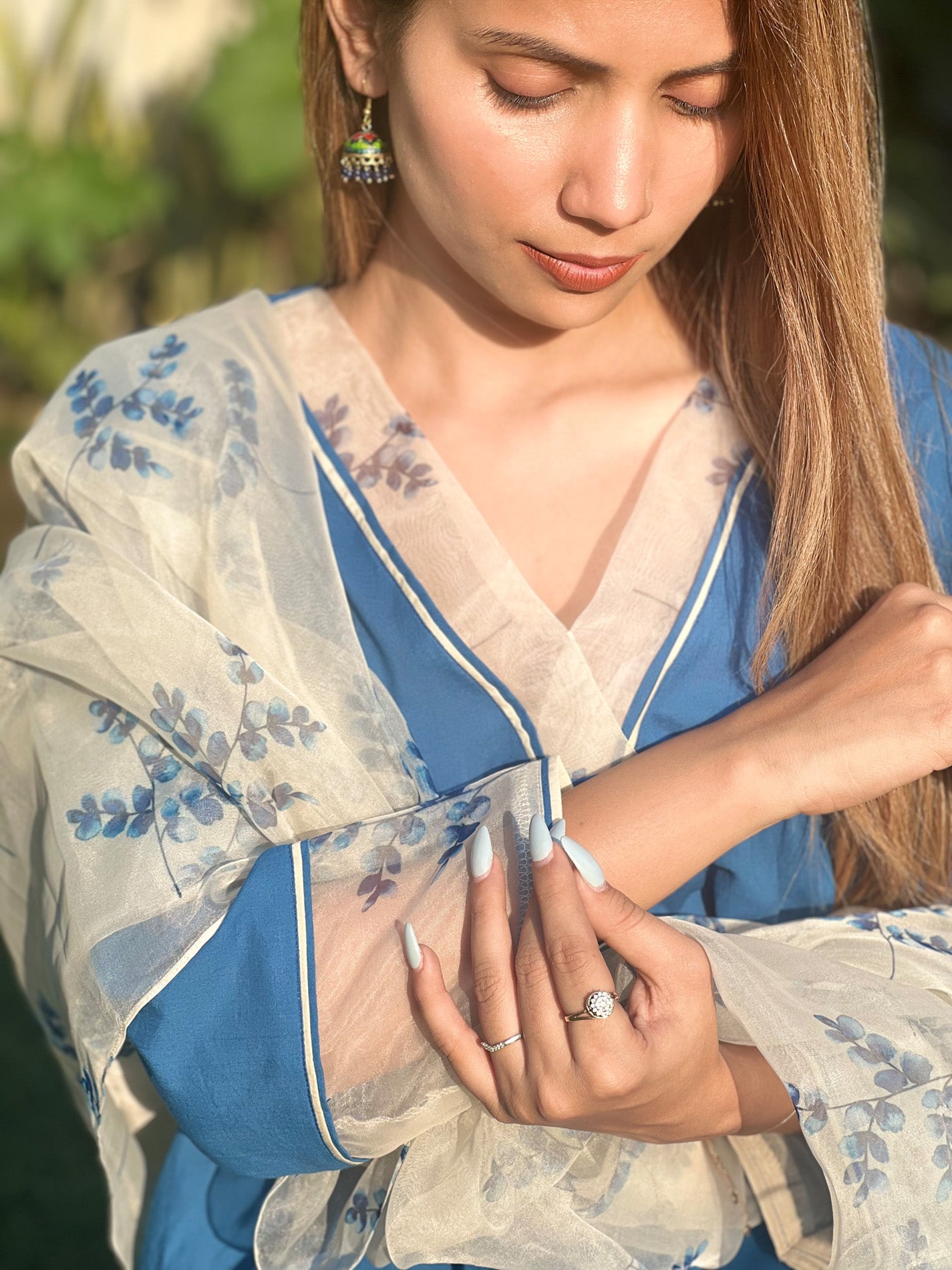 Solid blue pure cotton kurta set with Organza Dupatta