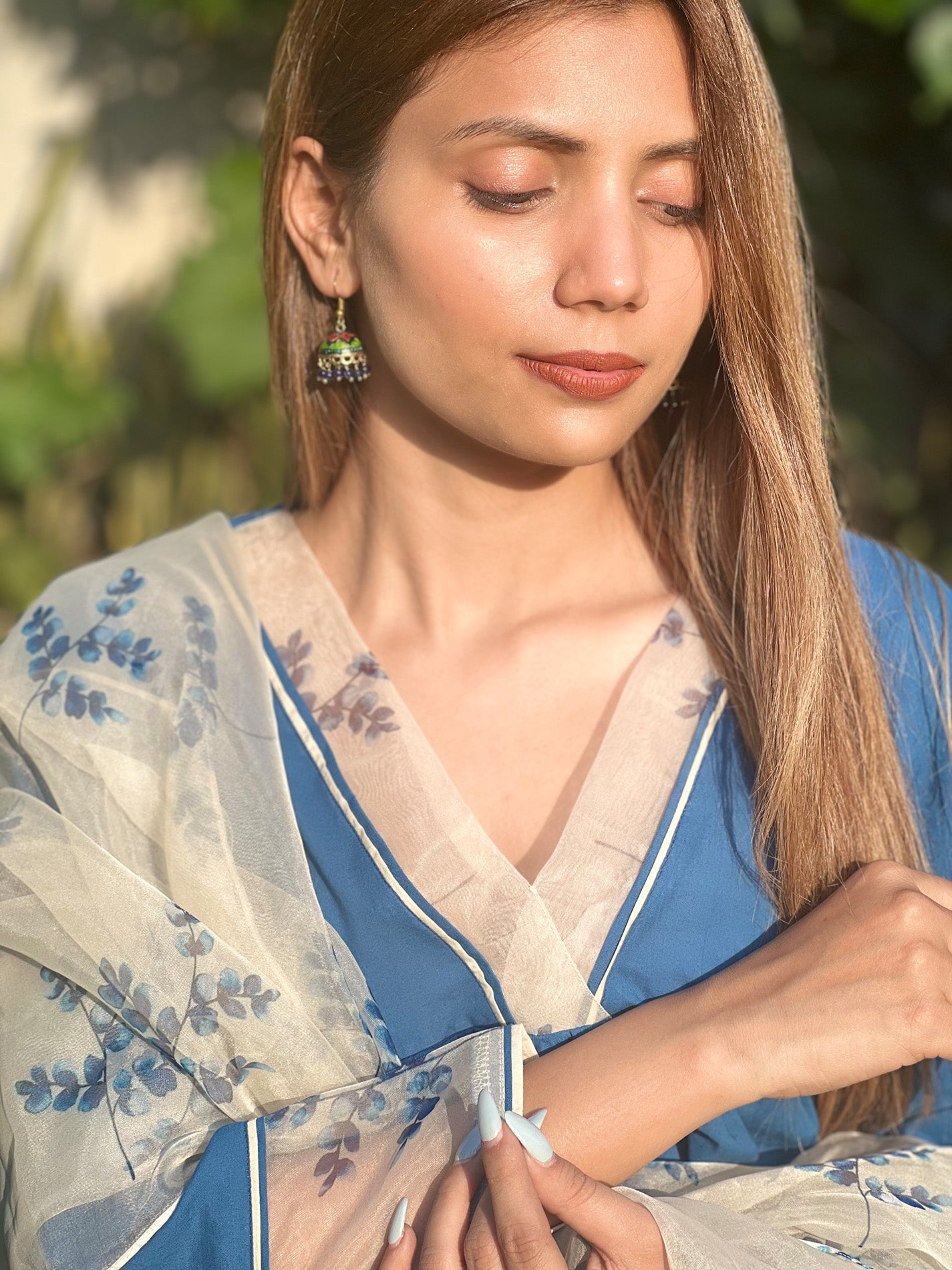 Solid blue pure cotton kurta set with Organza Dupatta