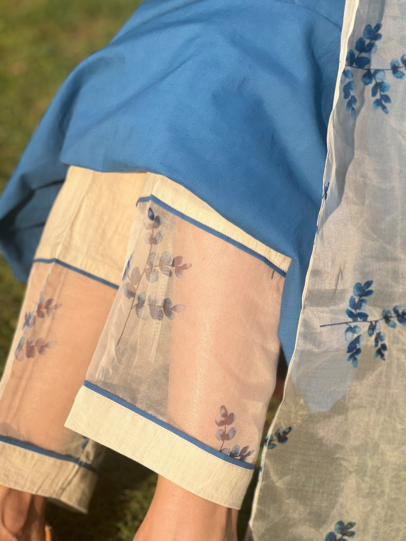 Solid blue pure cotton kurta set with Organza Dupatta