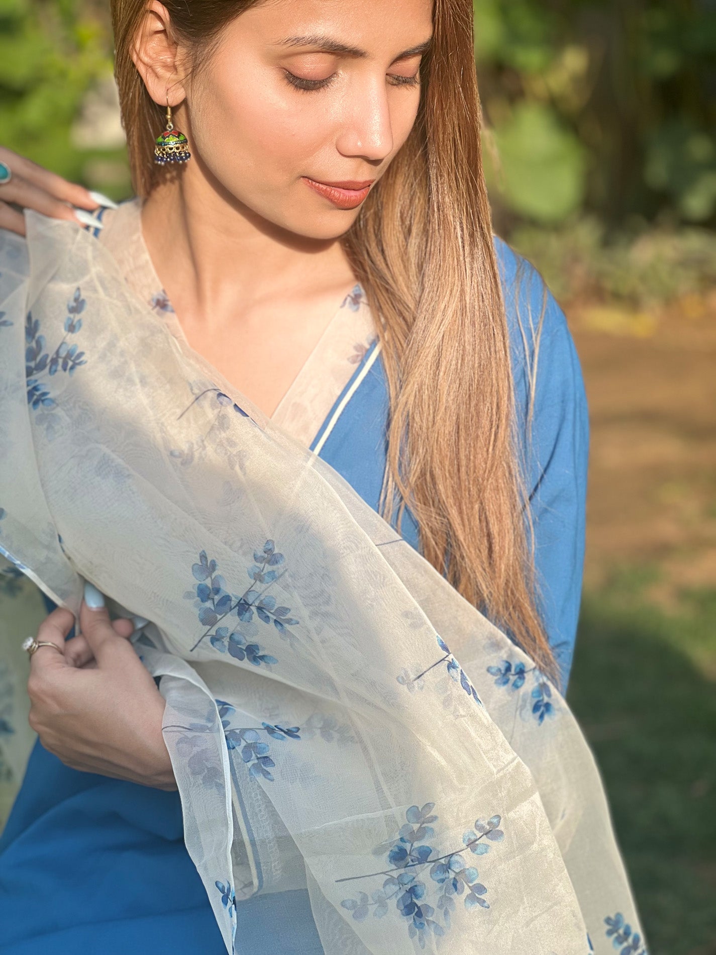 Solid blue pure cotton kurta set with Organza Dupatta