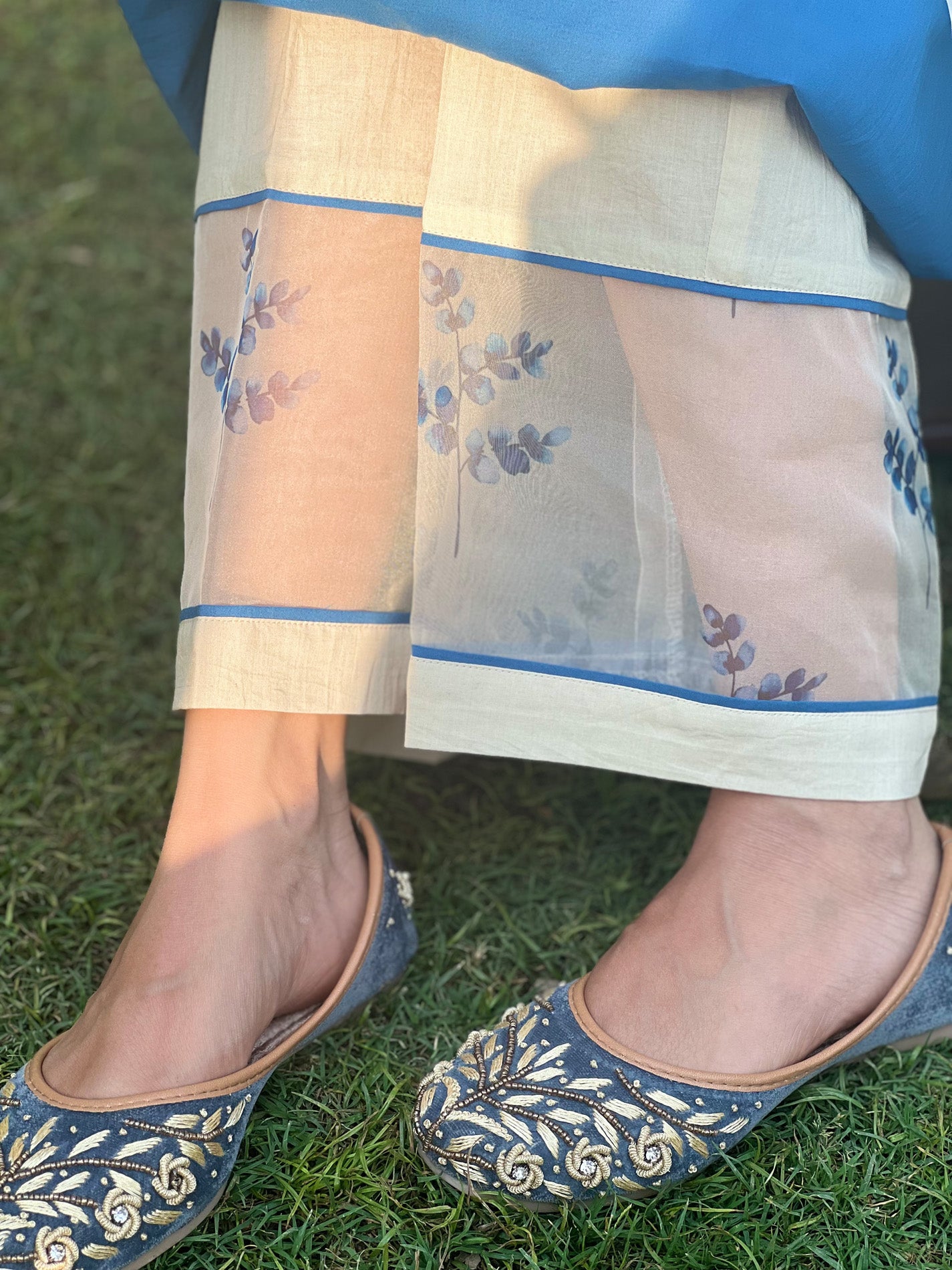Solid blue pure cotton kurta set with Organza Dupatta