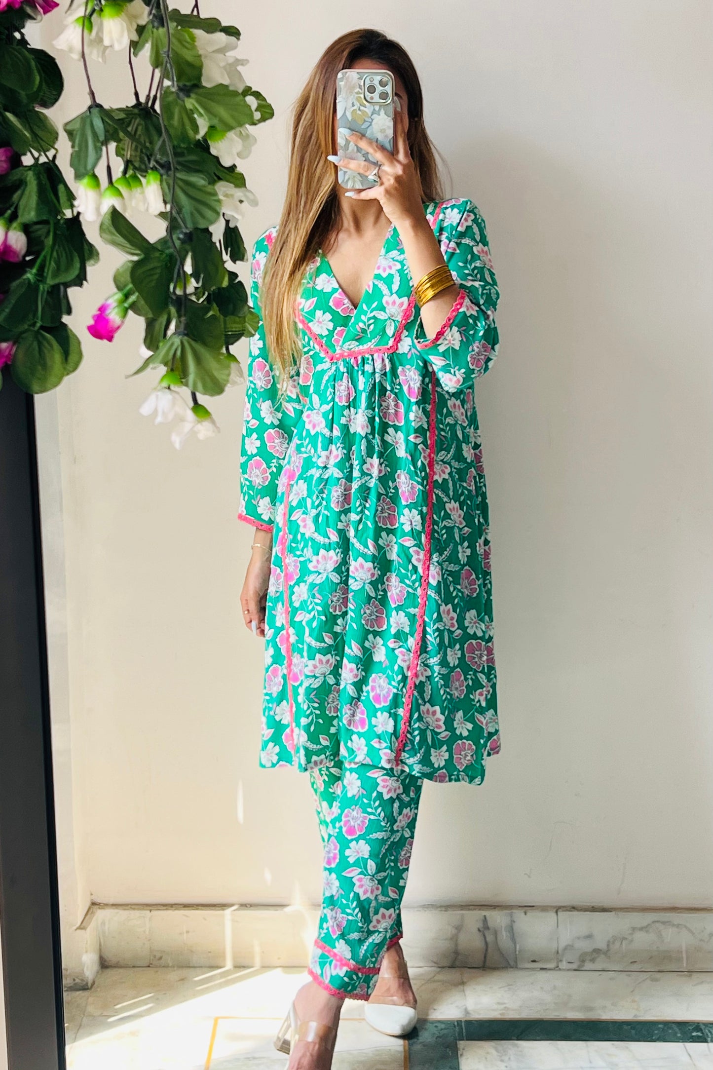 Green floral two piece set