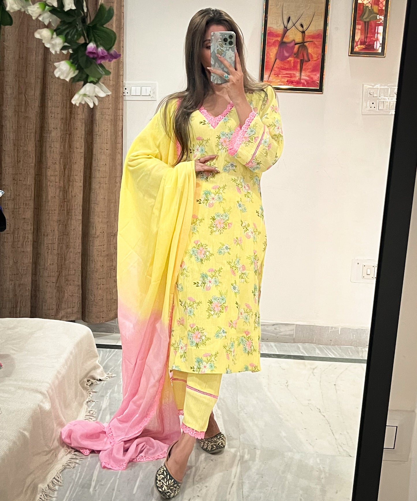 Soft Crush Cotton Floral Suit Set with Pure Mulmul Dupatta