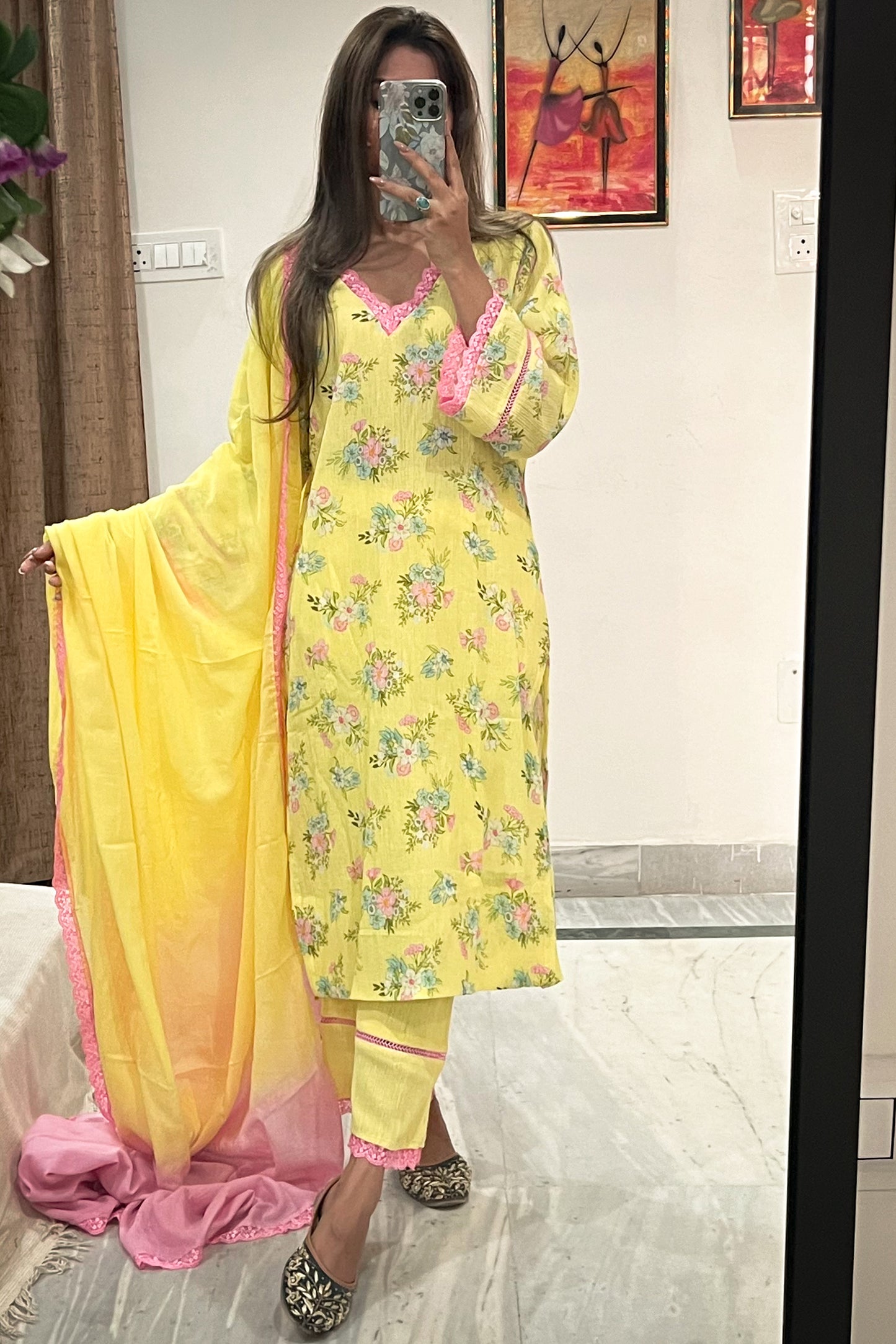 Soft Crush Cotton Floral Suit Set with Pure Mulmul Dupatta