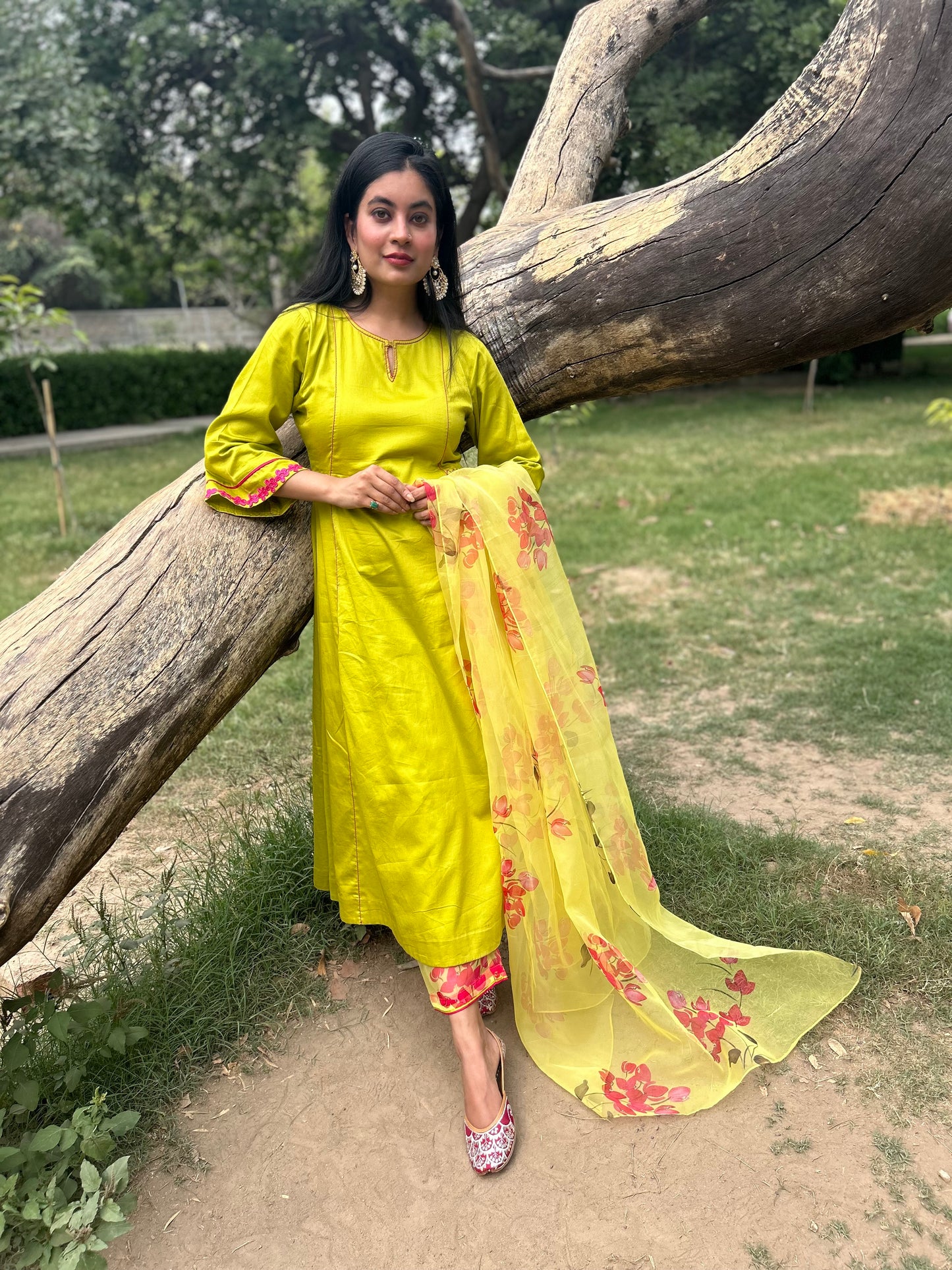 Pure Cotton Suit Set with Floral Organza Dupatta