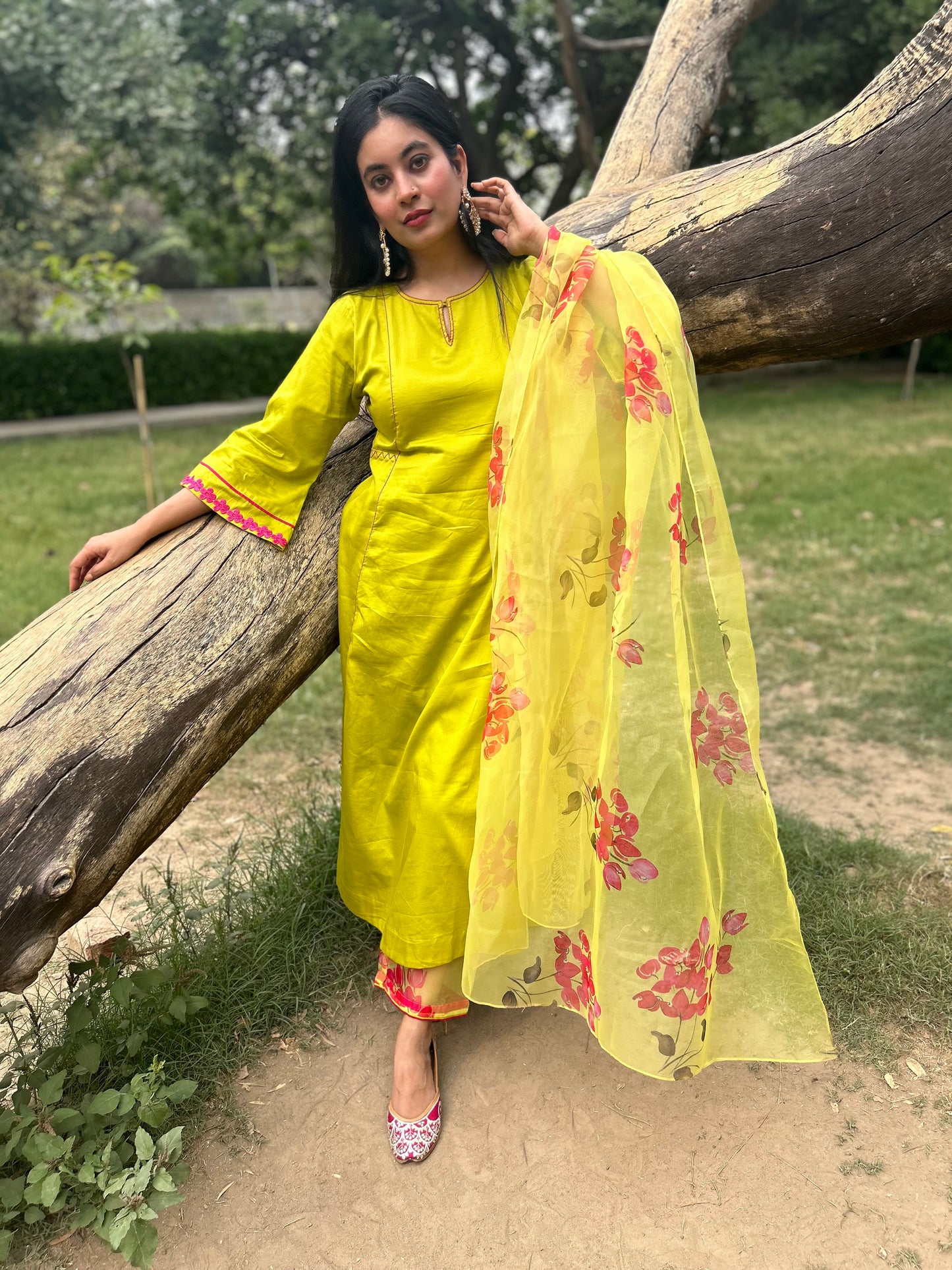 Pure Cotton Suit Set with Floral Organza Dupatta
