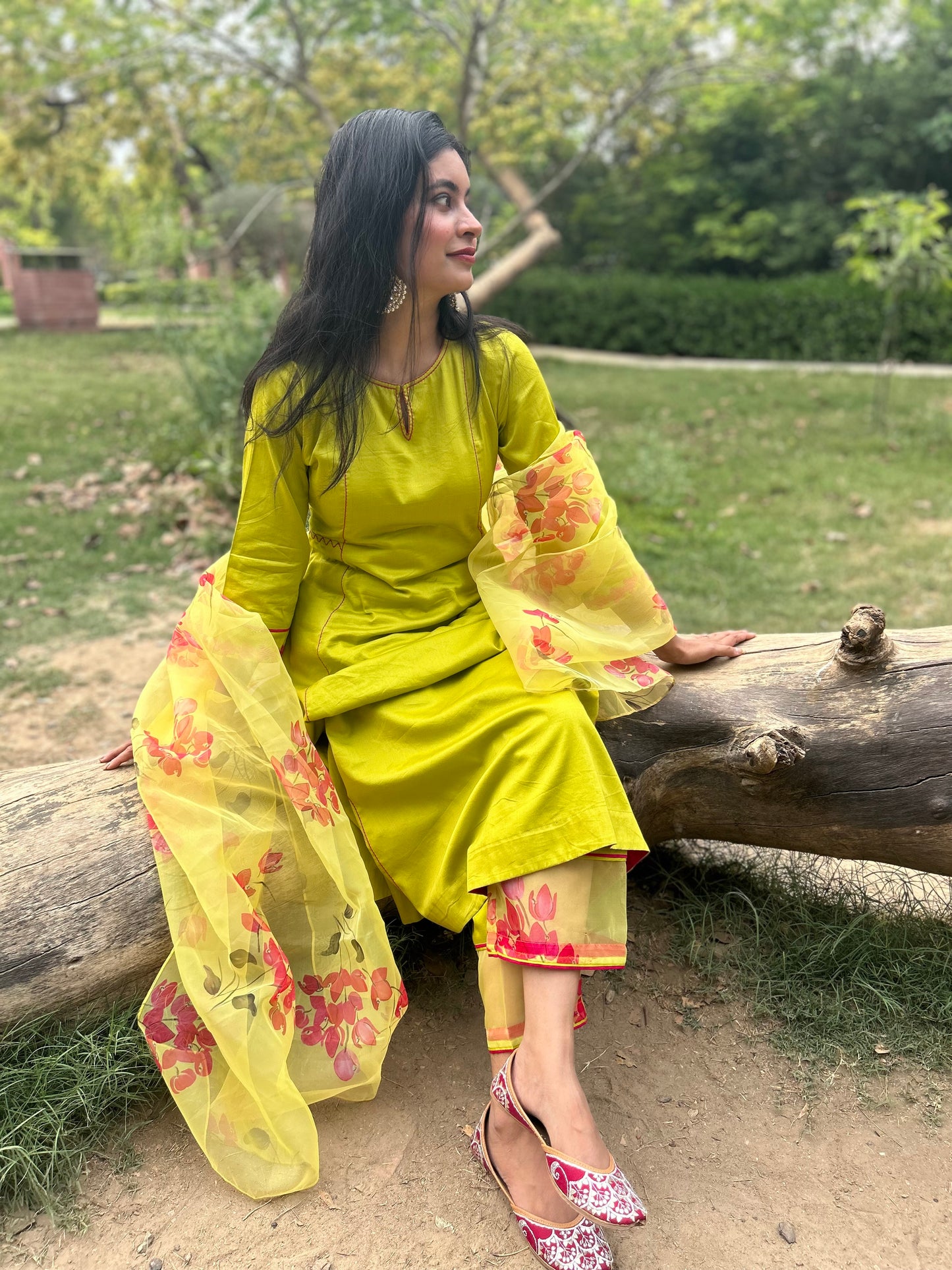 Pure Cotton Suit Set with Floral Organza Dupatta