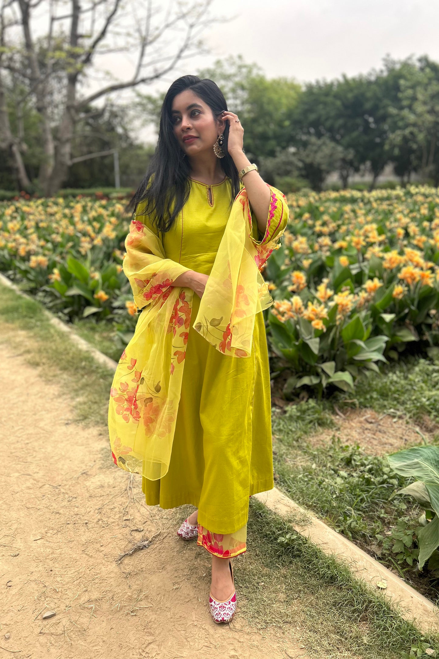 Pure Cotton Suit Set with Floral Organza Dupatta