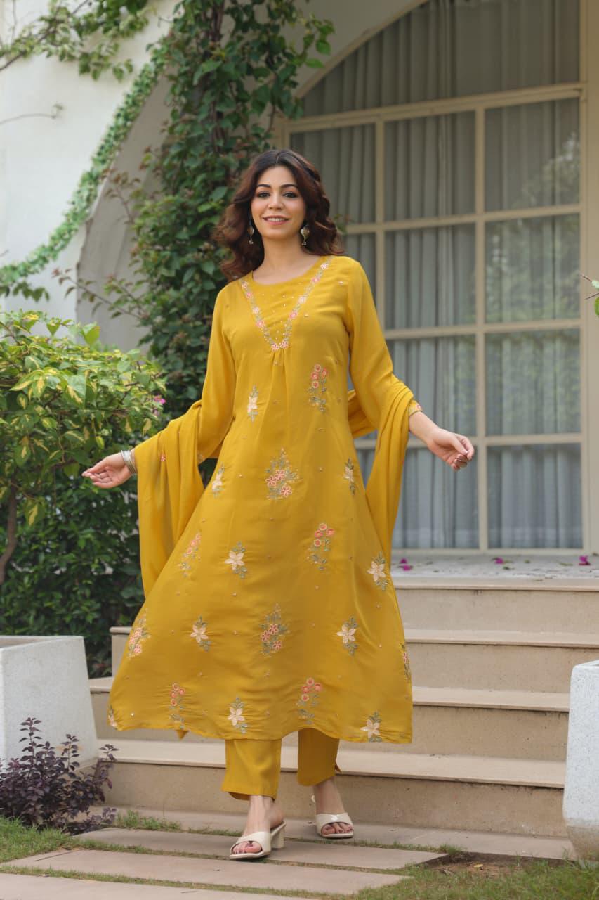 Mustard Mul chanderi set