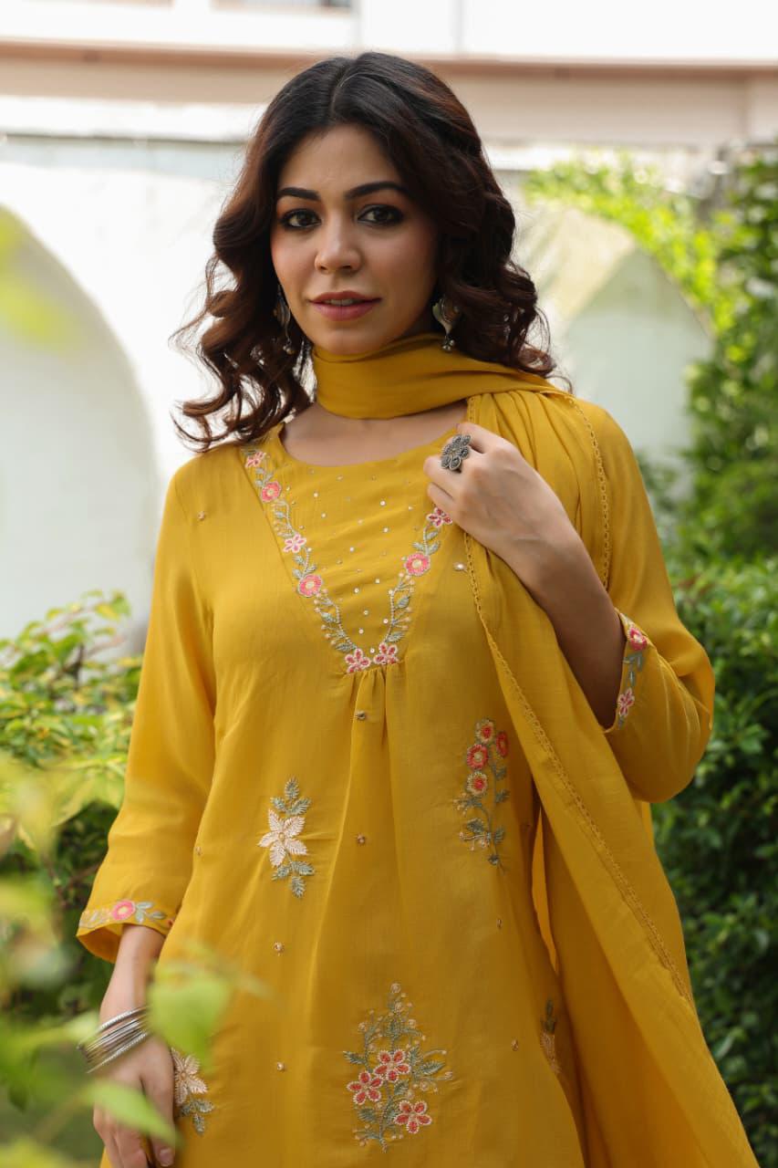 Mustard Mul chanderi set