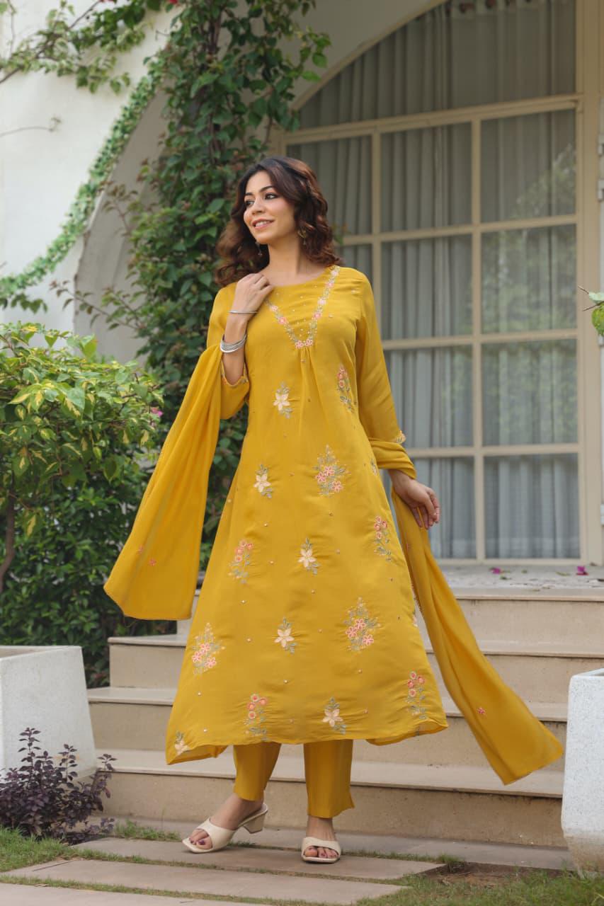 Mustard Mul chanderi set