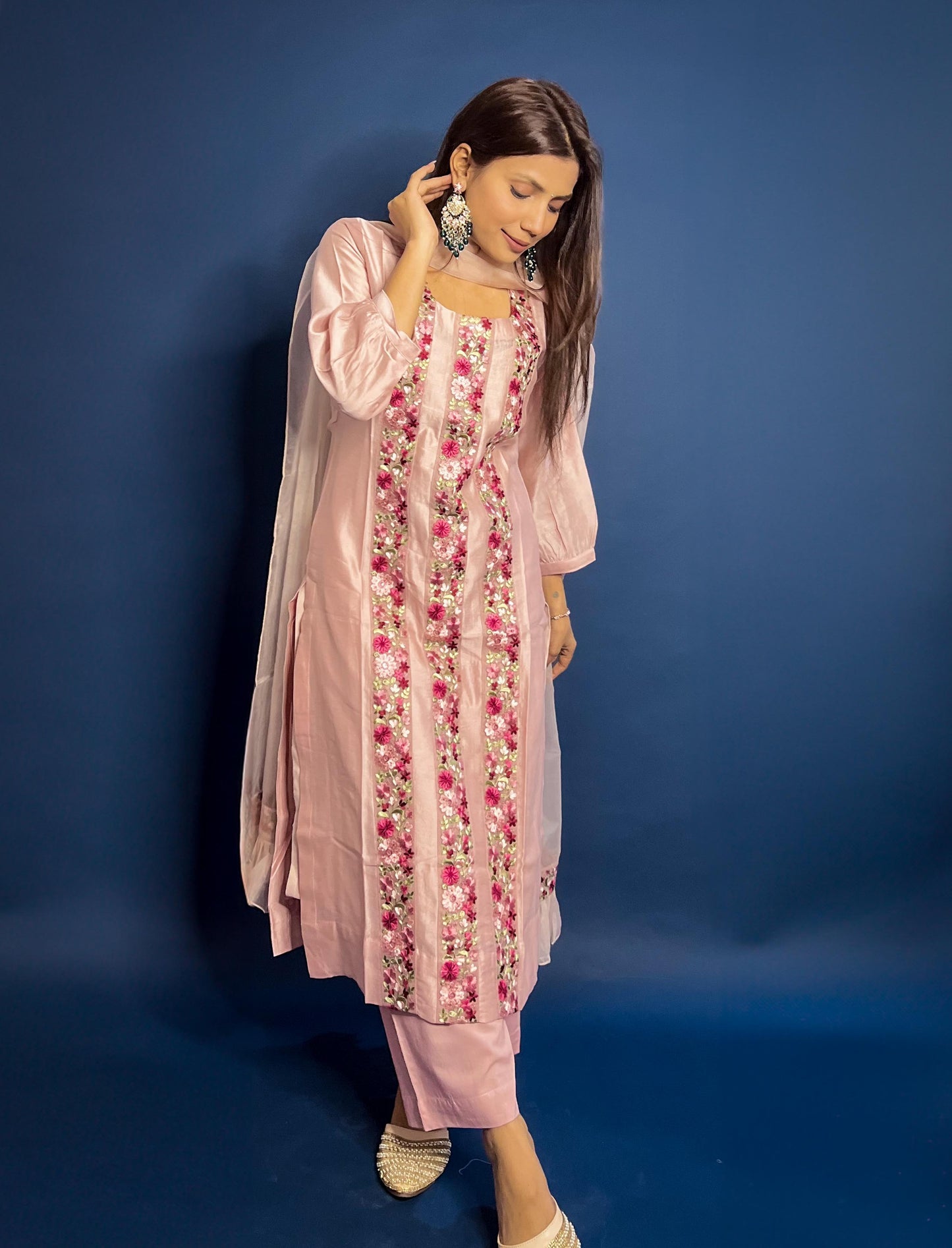 Blush pink Chanderi Embroidered Pakistani Suit