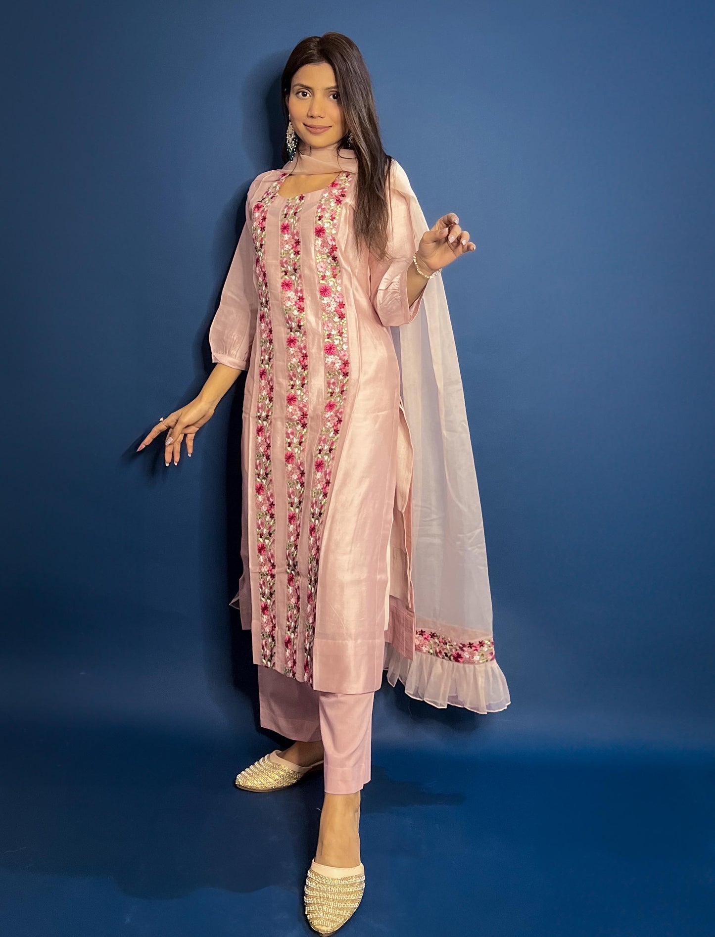 Blush pink Chanderi Embroidered Pakistani Suit