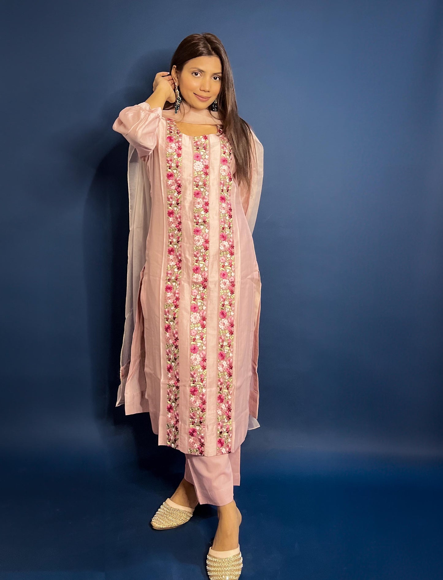 Blush pink Chanderi Embroidered Pakistani Suit