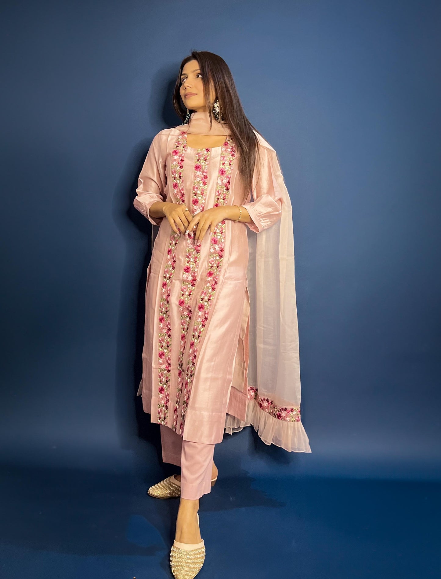 Blush pink Chanderi Embroidered Pakistani Suit