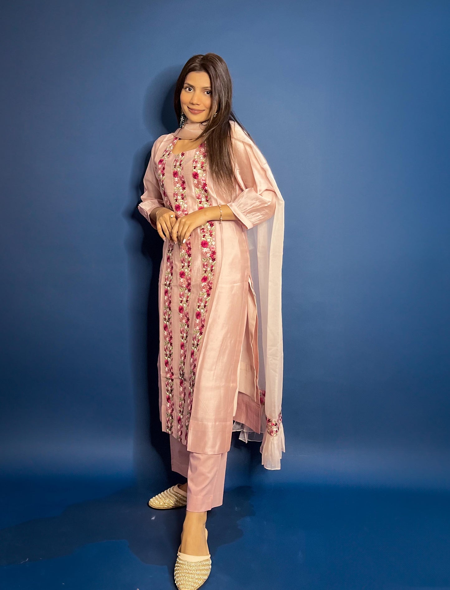 Blush pink Chanderi Embroidered Pakistani Suit