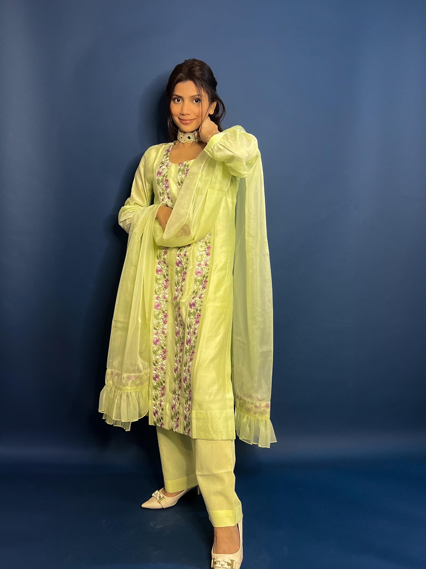 Light green Chanderi Embroidered Pakistani Suit