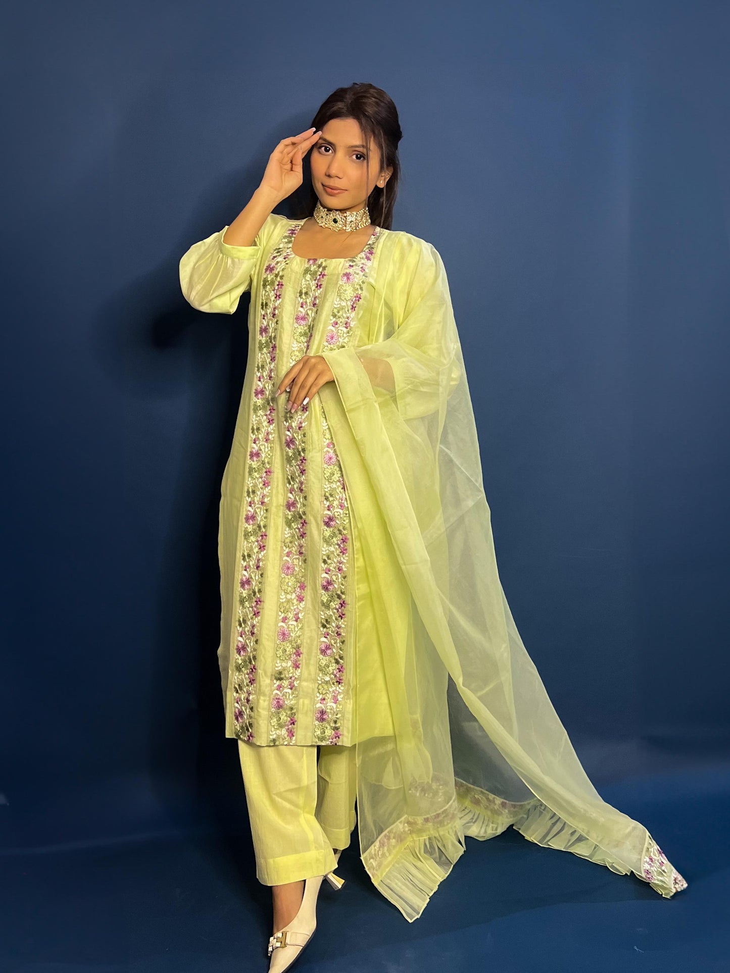 Light green Chanderi Embroidered Pakistani Suit