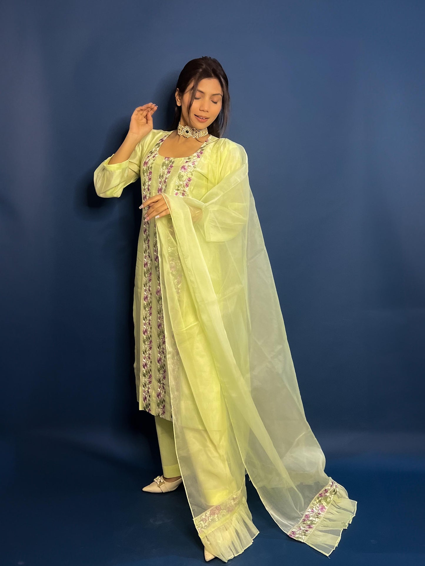 Light green Chanderi Embroidered Pakistani Suit