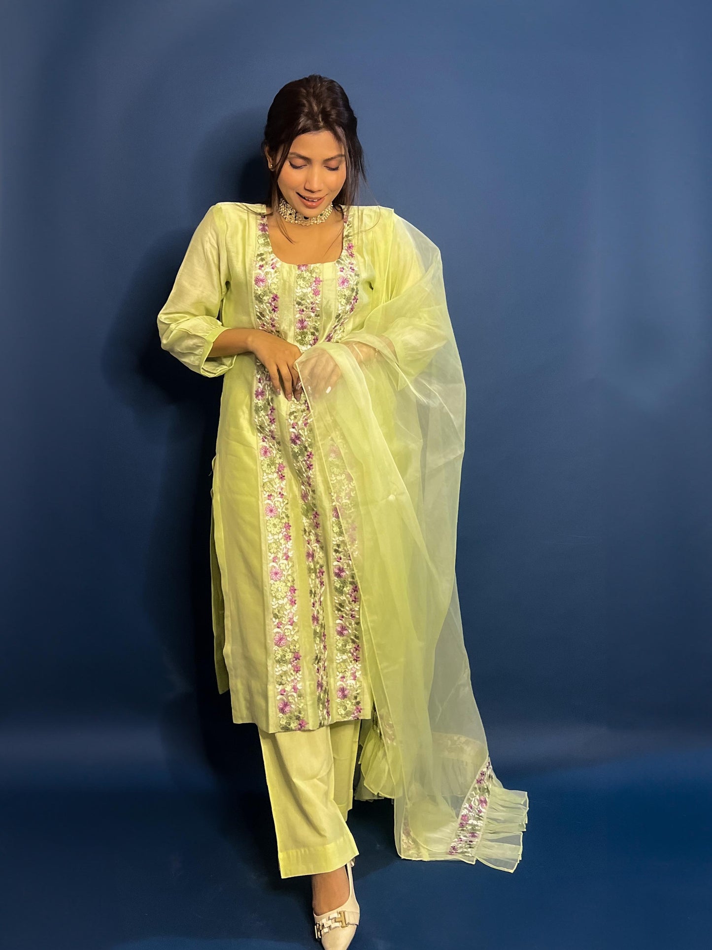 Light green Chanderi Embroidered Pakistani Suit