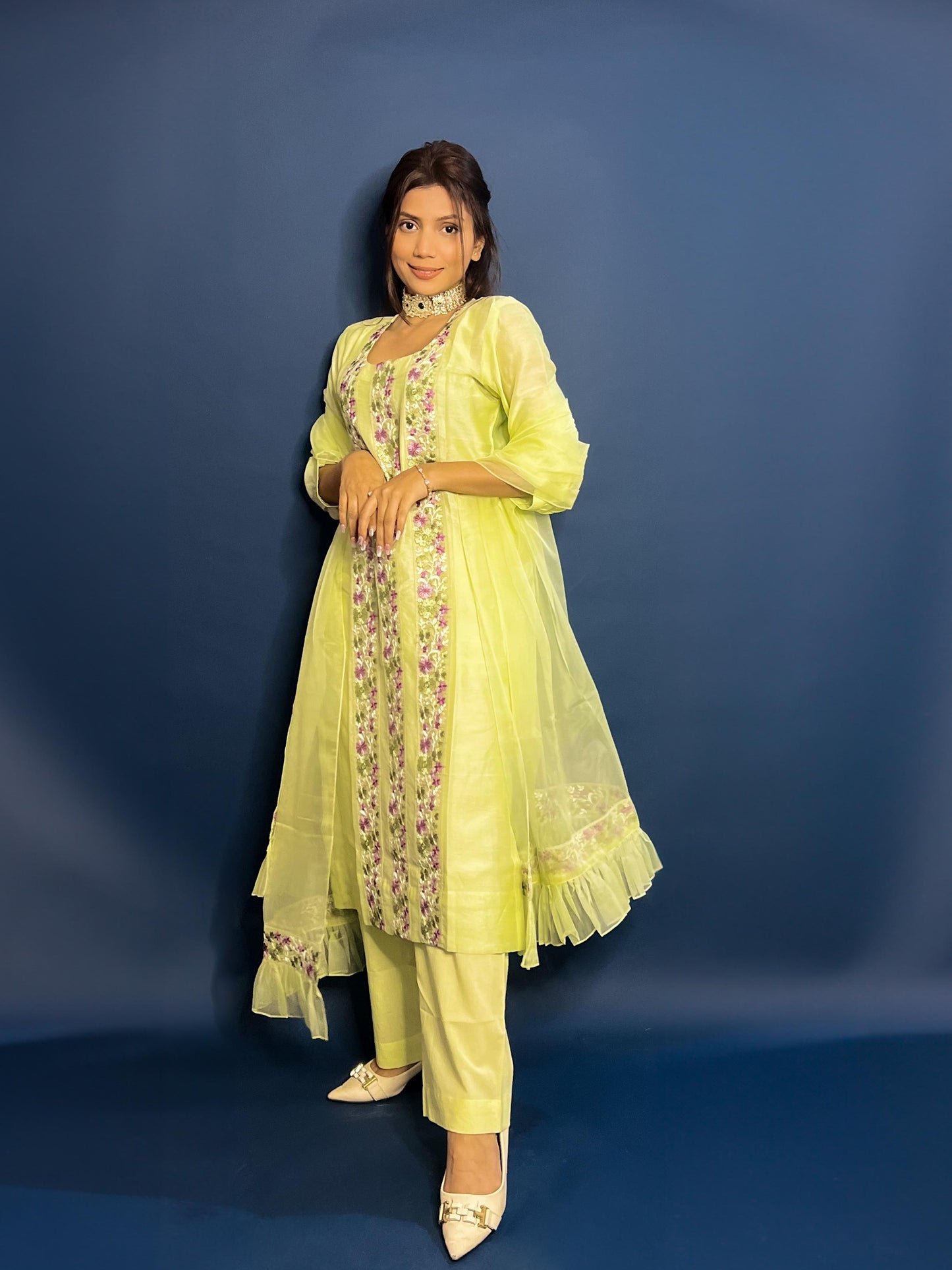 Light green Chanderi Embroidered Pakistani Suit