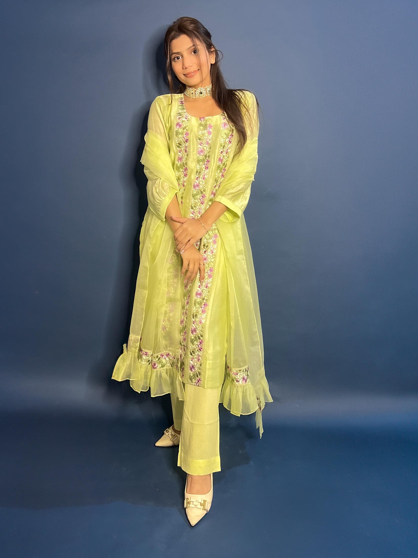 Light green Chanderi Embroidered Pakistani Suit