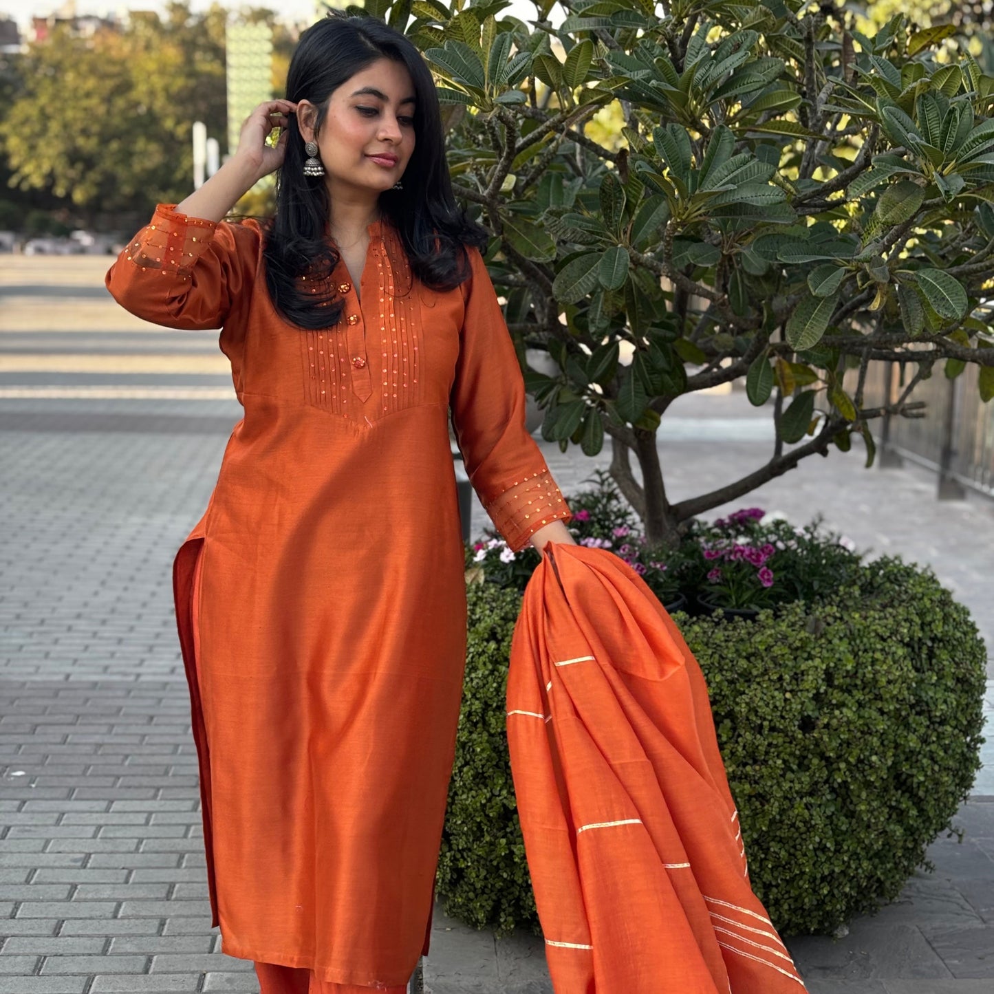 Rust Orange Chanderi Sitara Set