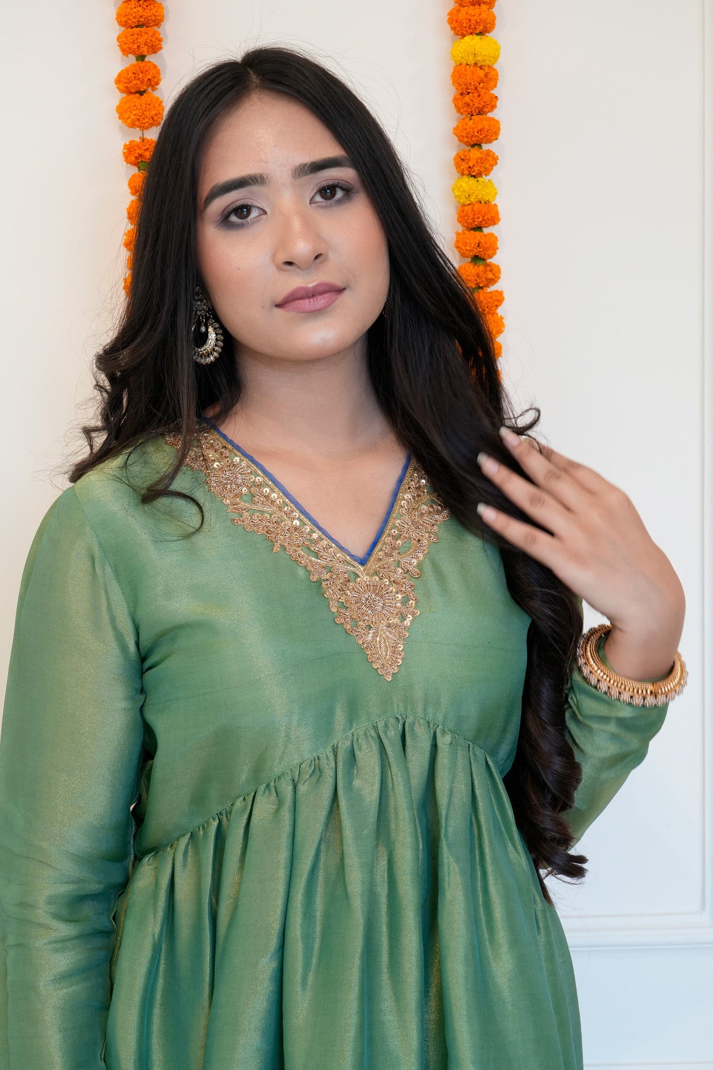 Green Anarkali Tissue Suit