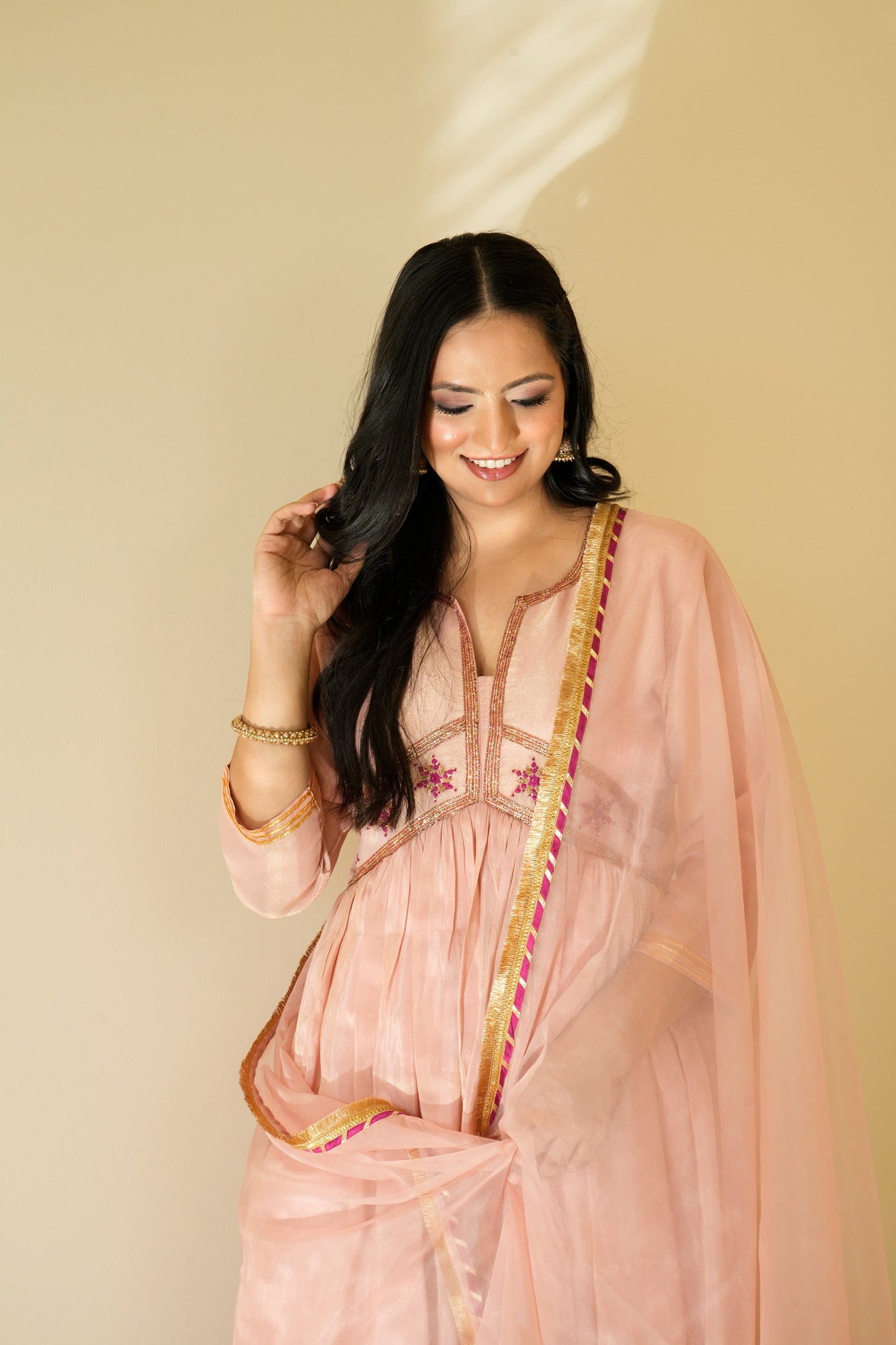 Pink Pure Tissue Silk Anarkali Set with Organza Dupatta