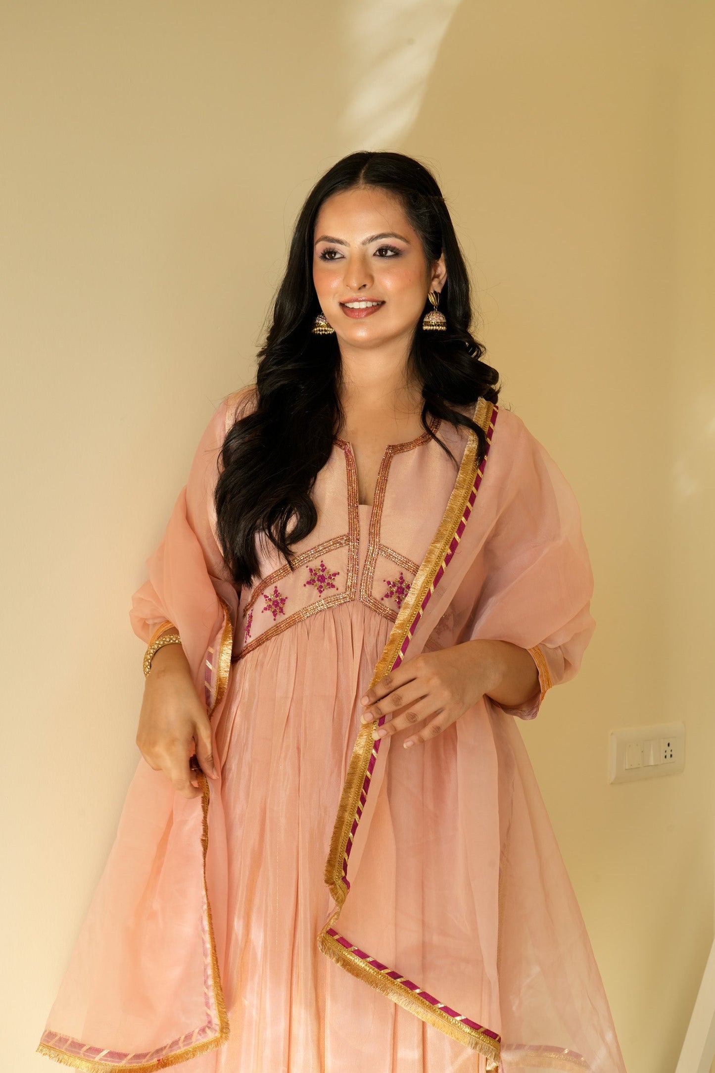 Pink Pure Tissue Silk Anarkali Set with Organza Dupatta