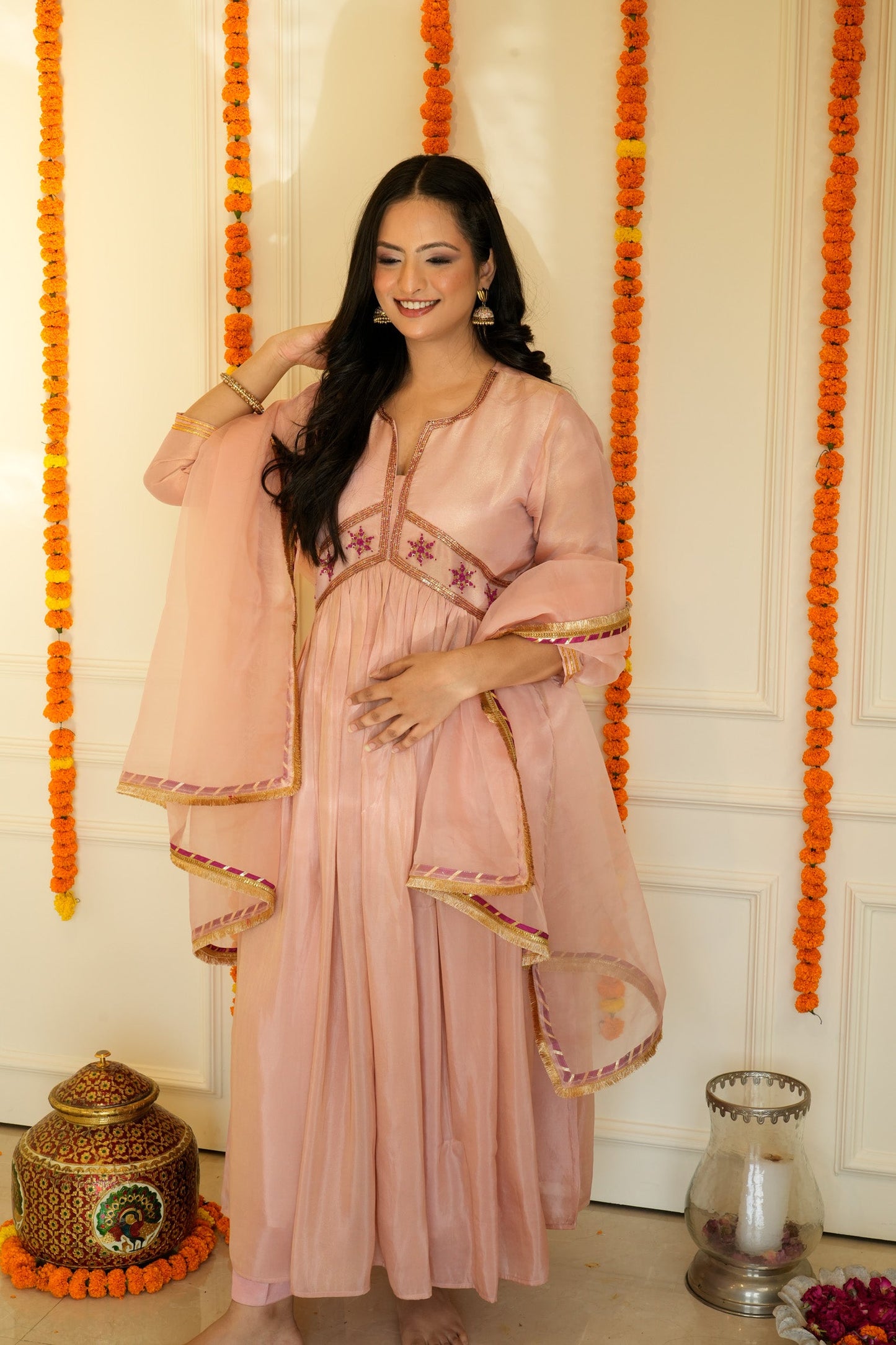 Pink Pure Tissue Silk Anarkali Set with Organza Dupatta
