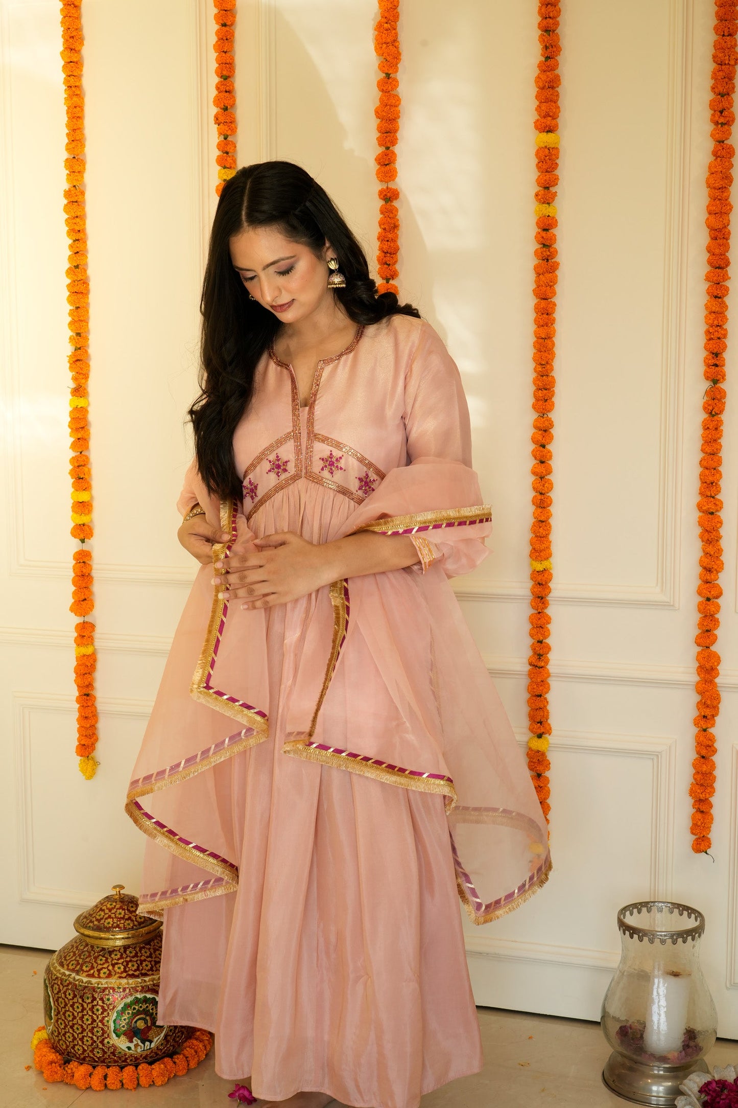 Pink Pure Tissue Silk Anarkali Set with Organza Dupatta