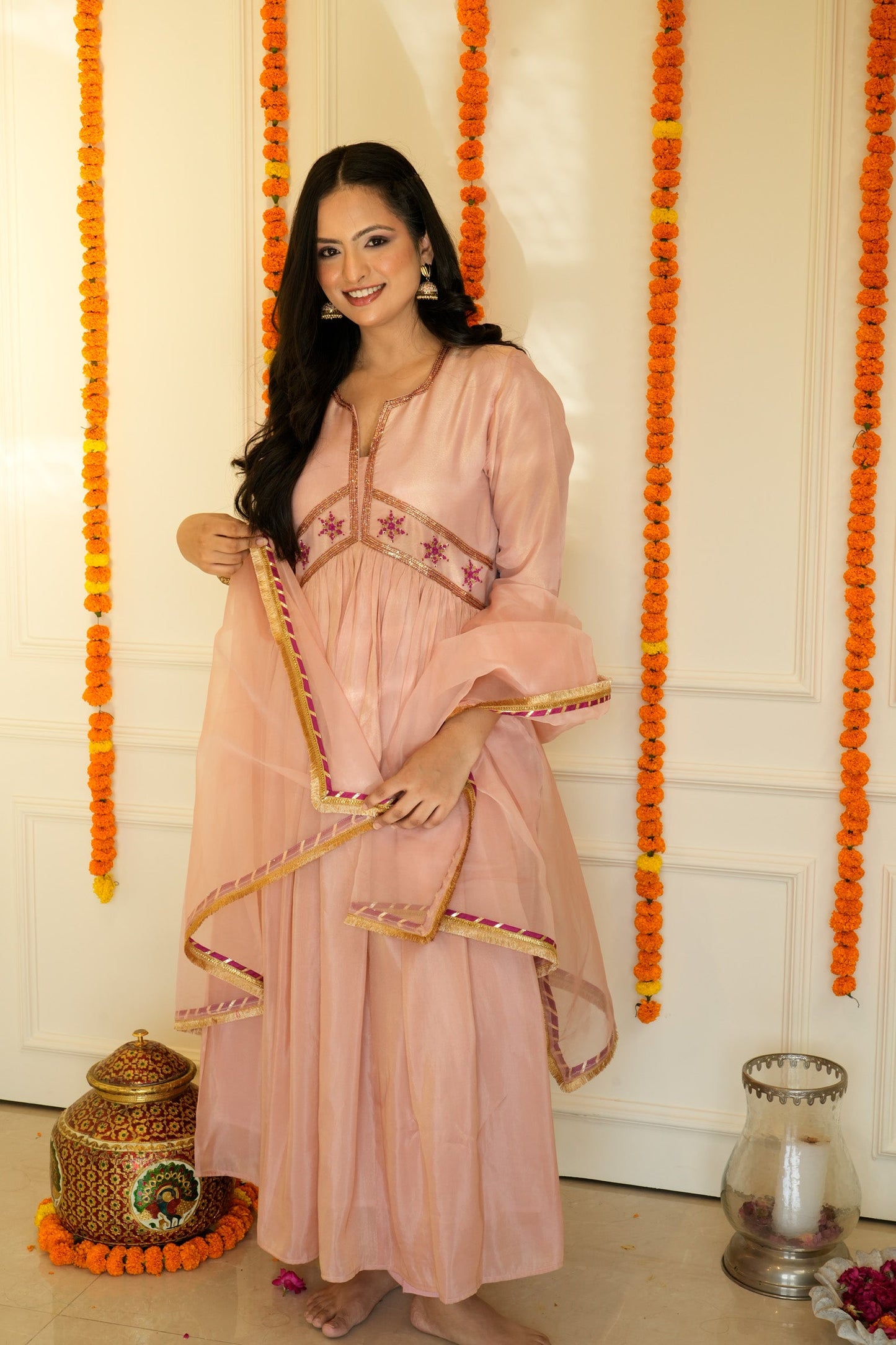 Pink Pure Tissue Silk Anarkali Set with Organza Dupatta