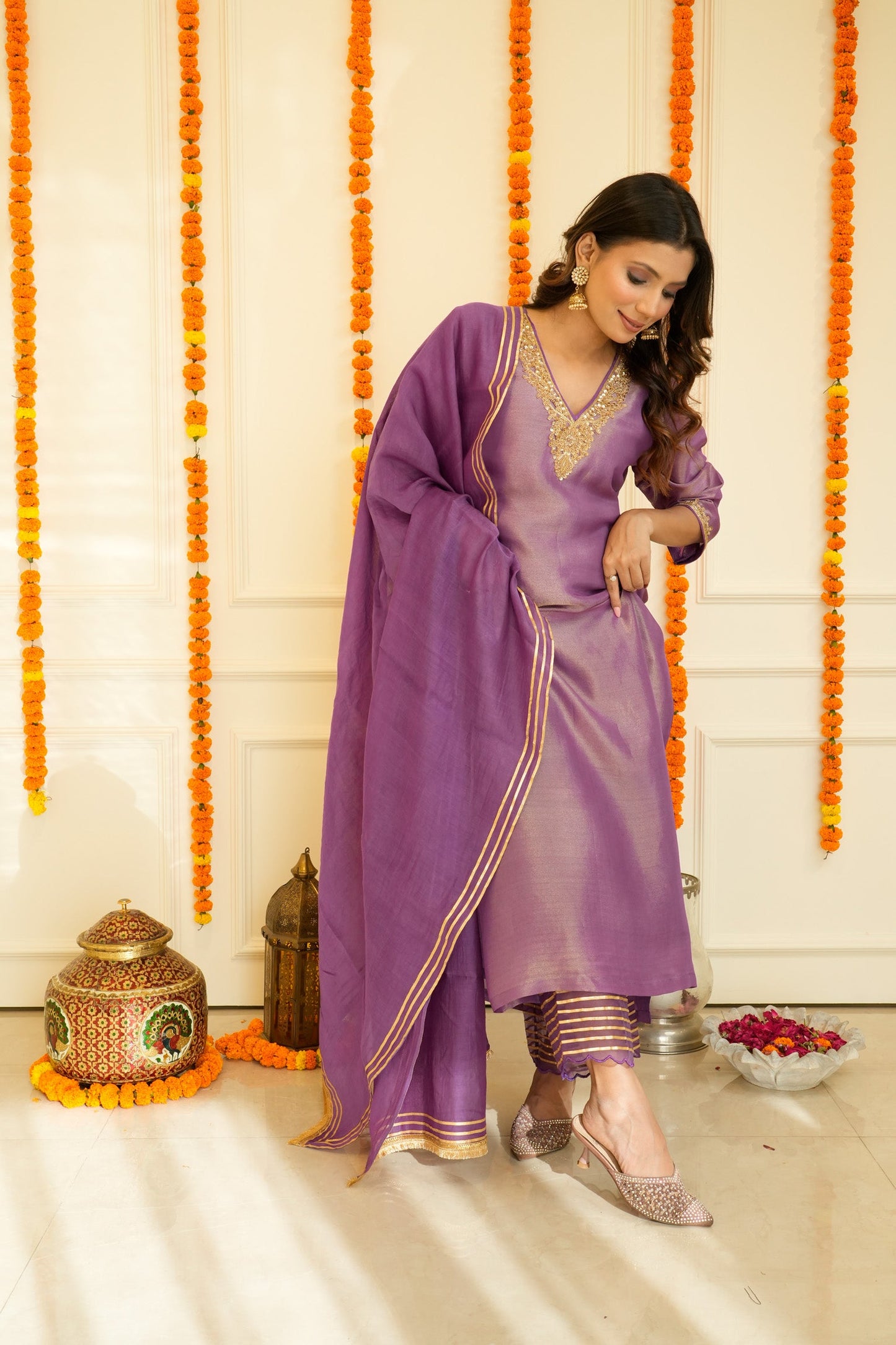 Purple Pure Tissue Silk Embroidery Suit Set