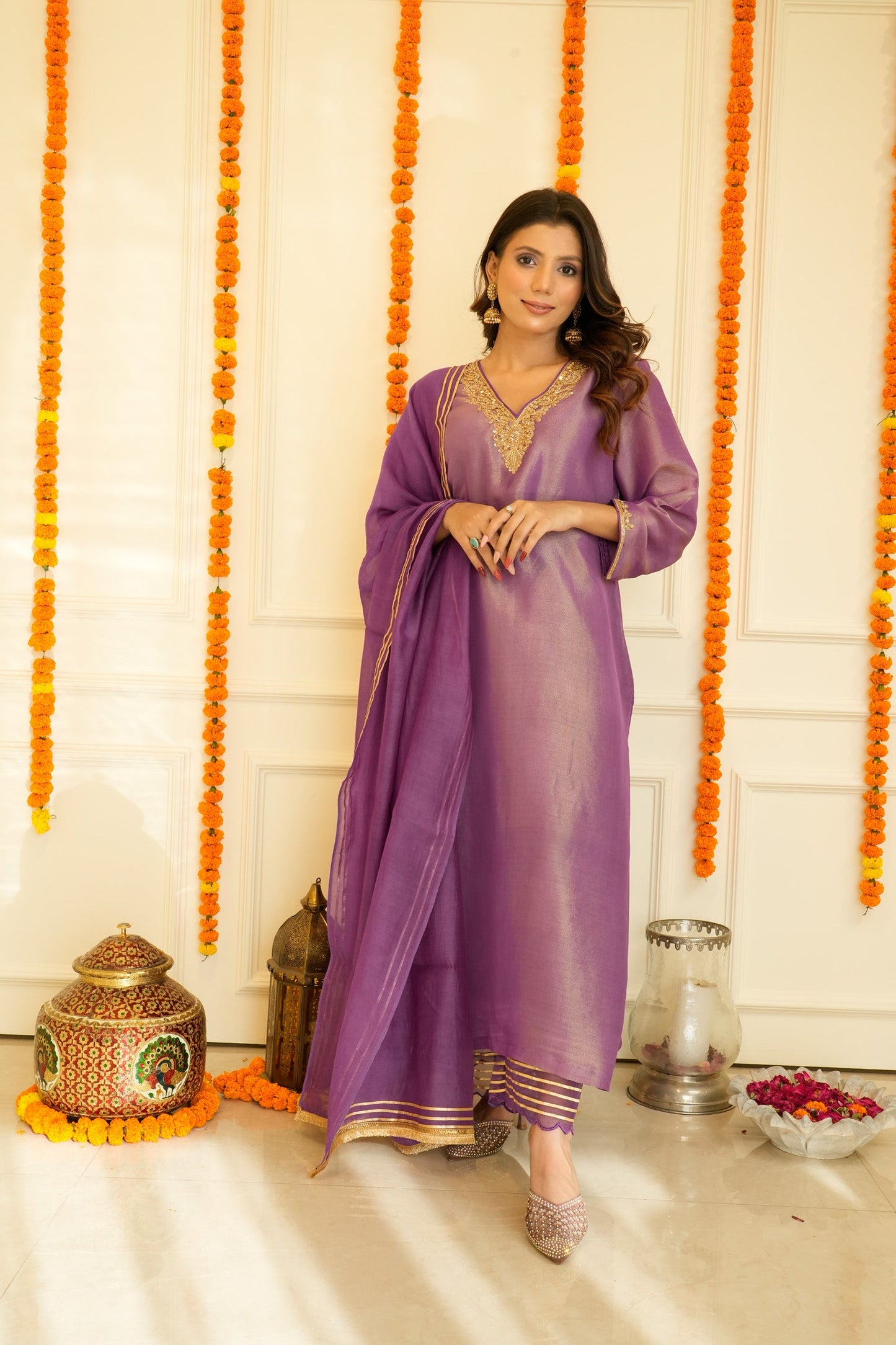 Purple Pure Tissue Silk Embroidery Suit Set