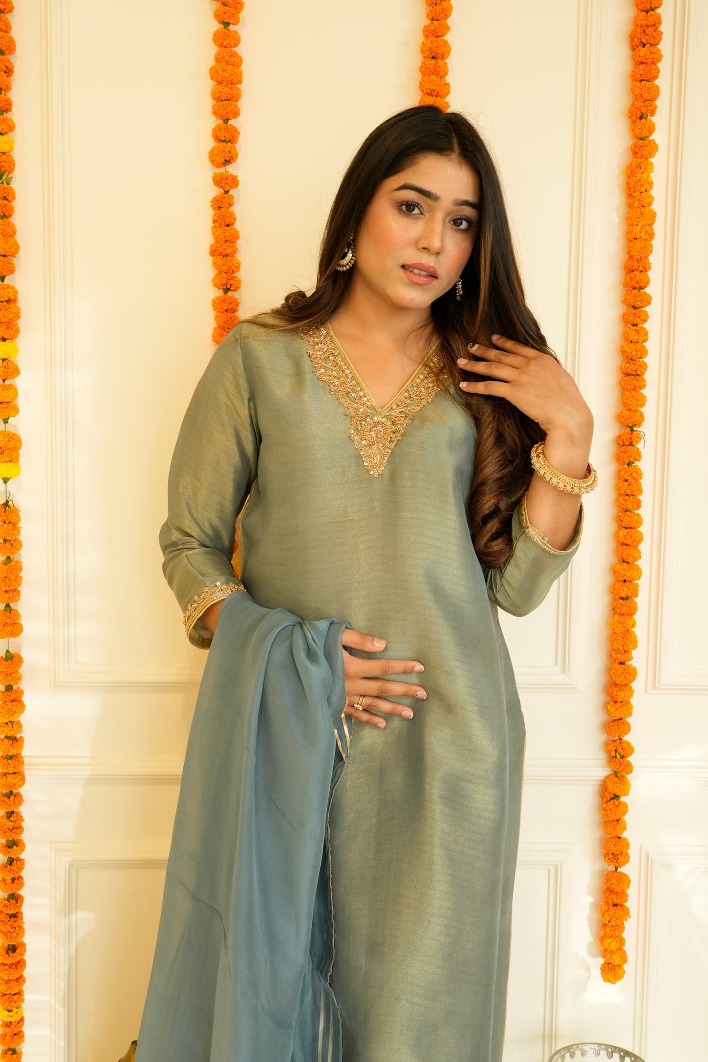 Grey Pure Tissue Silk Embroidery Suit Set